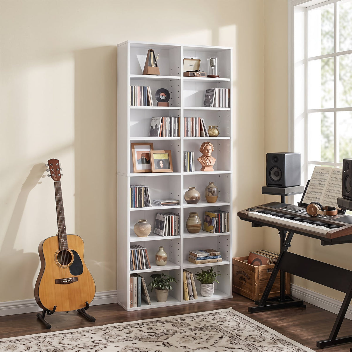 16 Compartment CD Storage Unit 54" Freestanding Open Display Shelf with 12 Removable Shelves-White-Bookcases-DECOROLALA