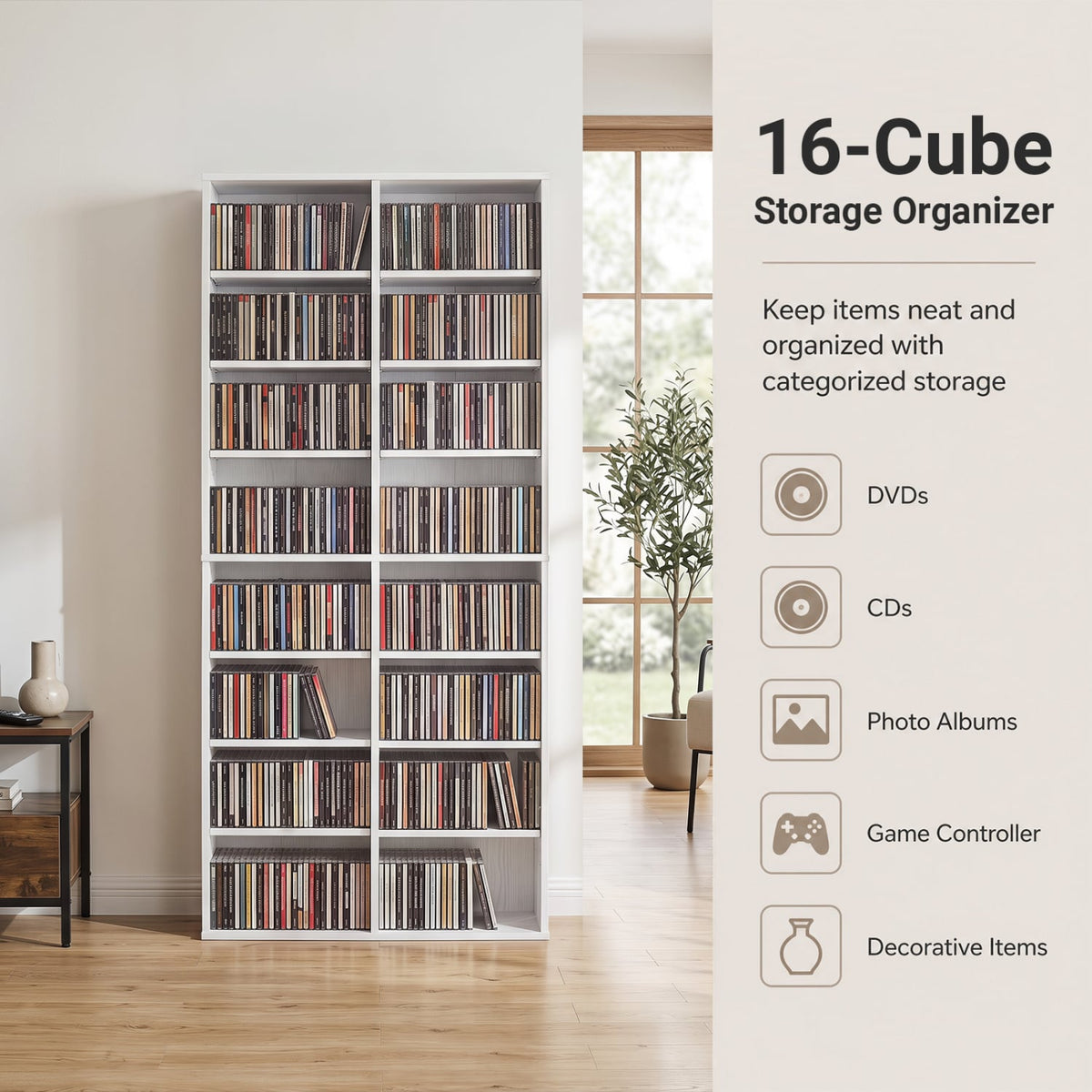 16 Compartment CD Storage Unit 54" Freestanding Open Display Shelf with 12 Removable Shelves-White-Bookcases-DECOROLALA