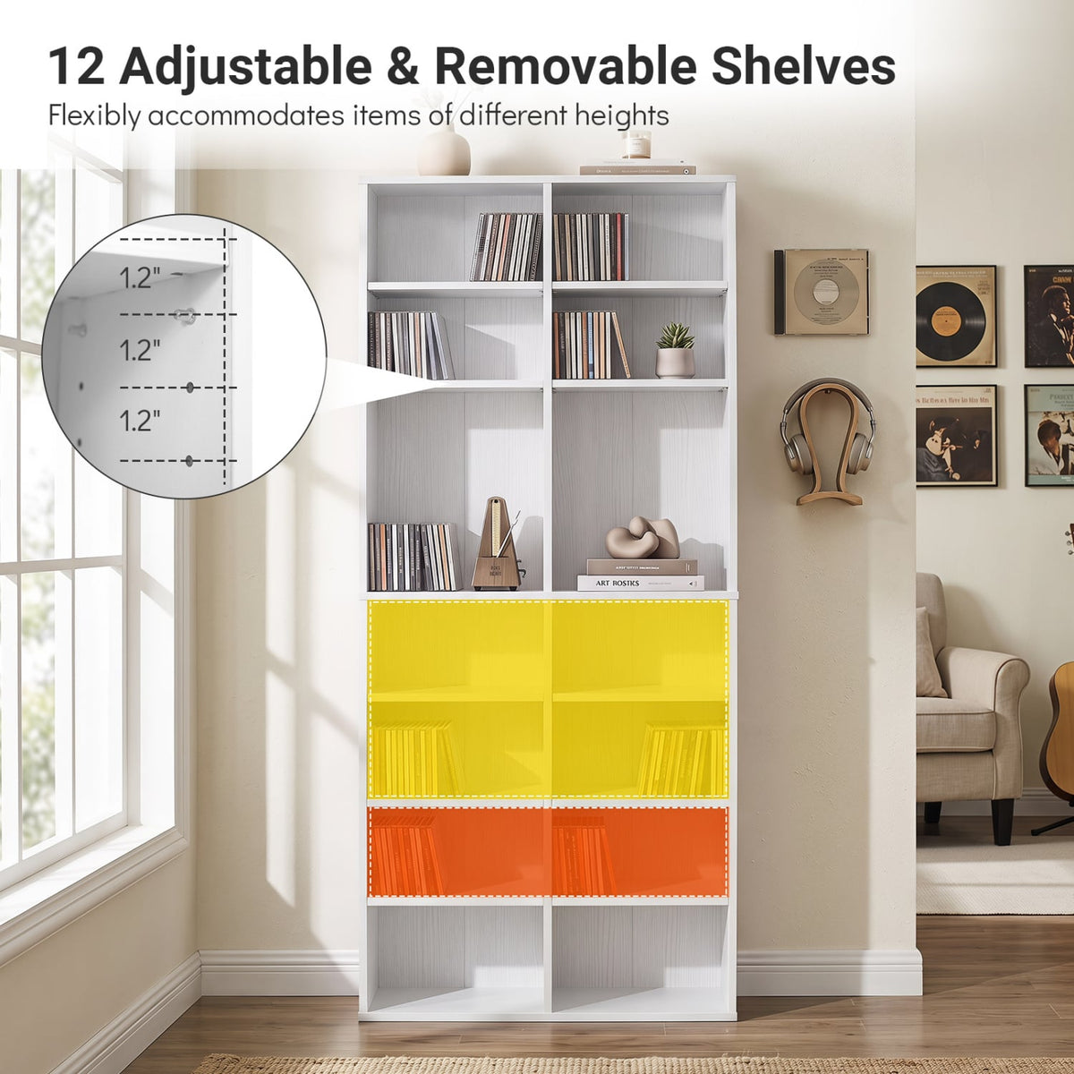 16 Compartment CD Storage Unit 54" Freestanding Open Display Shelf with 12 Removable Shelves-White-Bookcases-DECOROLALA