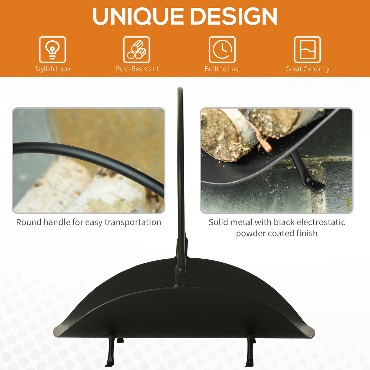 16" Curved Firewood Log Rack with Handle - Black Steel-Firewood Racks-DECOROLALA