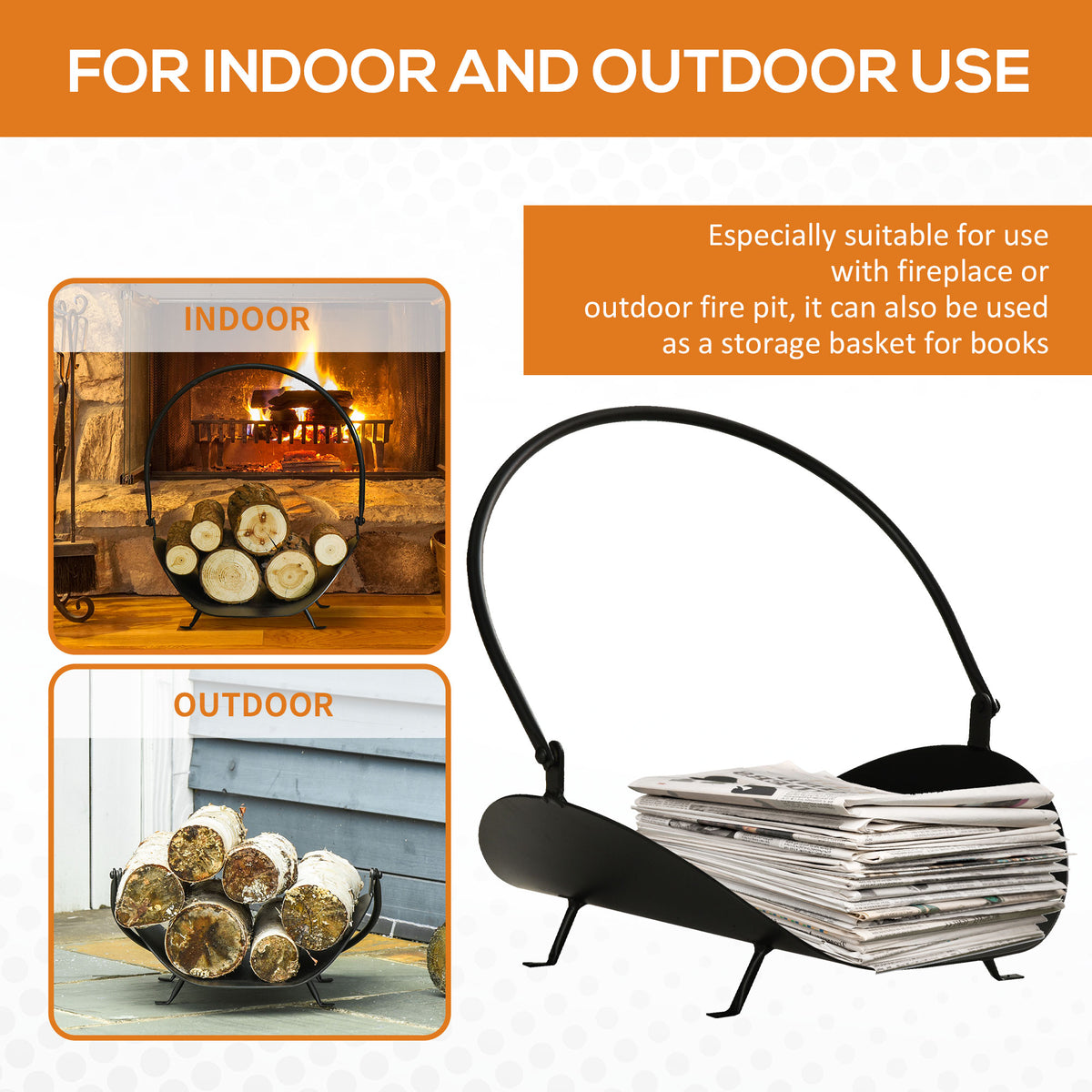16" Curved Firewood Log Rack with Handle - Black Steel-Firewood Racks-DECOROLALA