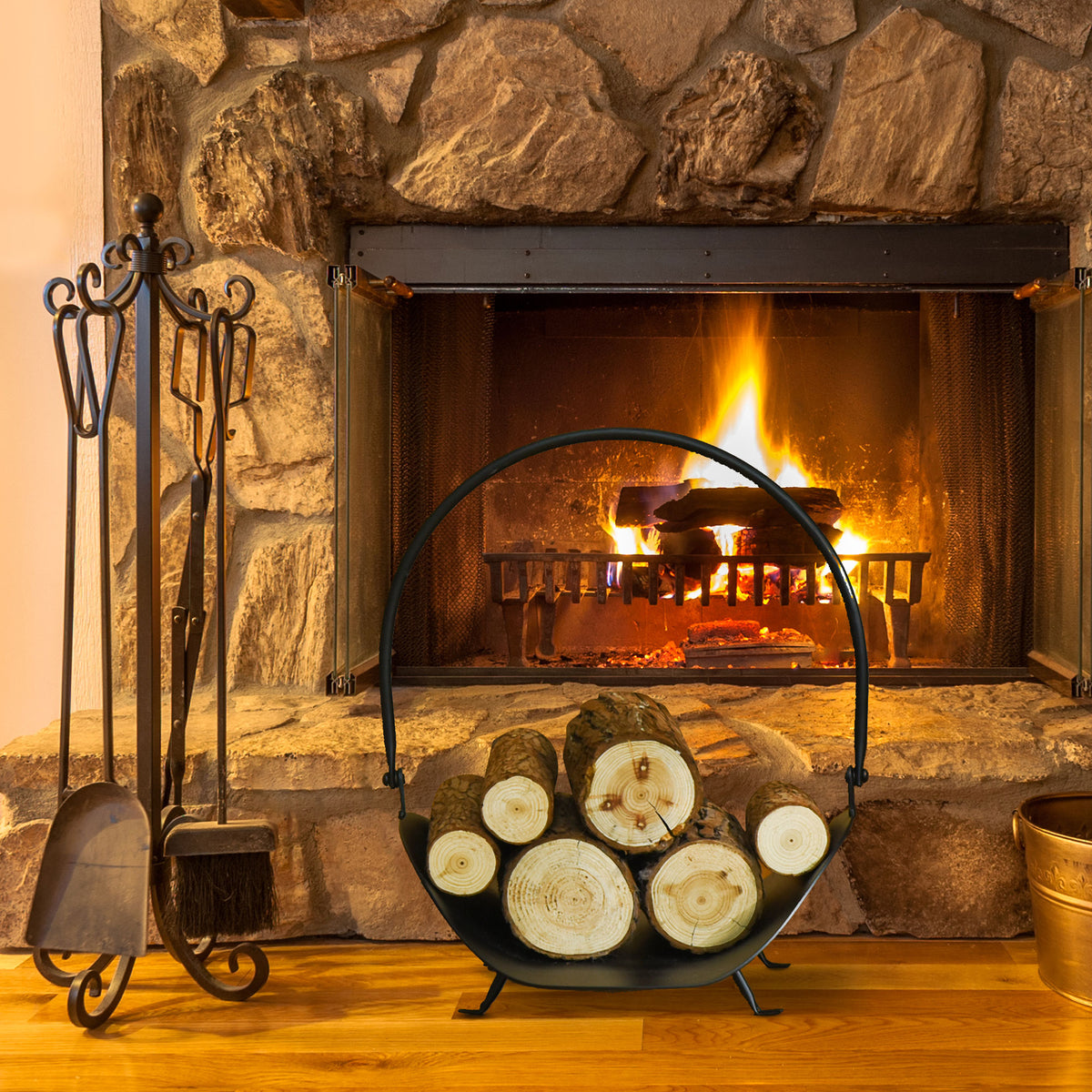 16" Curved Firewood Log Rack with Handle - Black Steel-Firewood Racks-DECOROLALA