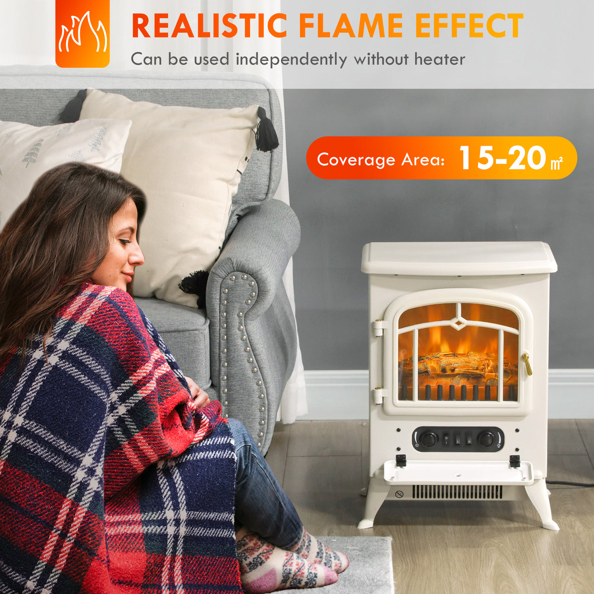 16" Freestanding Electric Fireplace Heater 1500W Beige-Electric Fireplaces-DECOROLALA