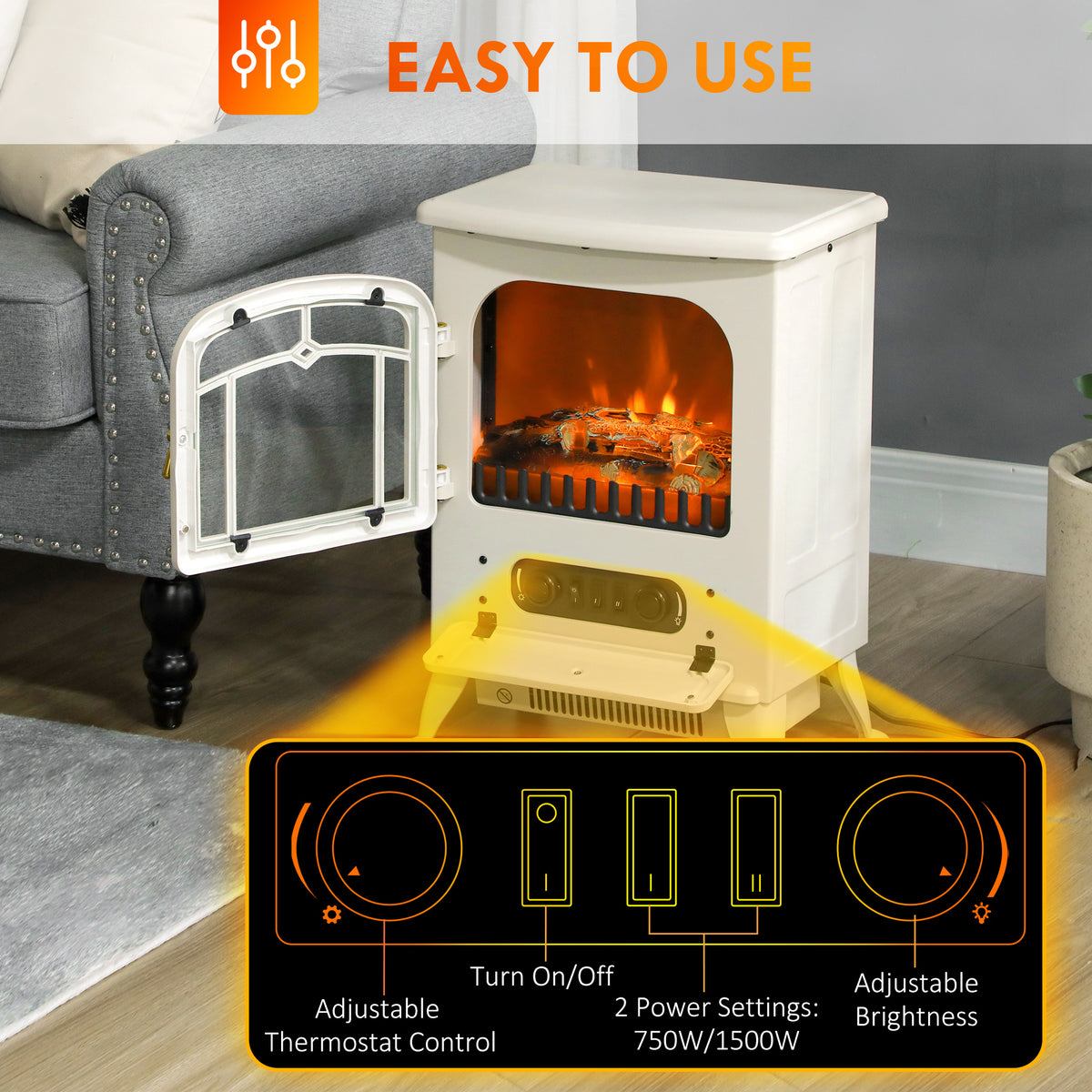 16" Freestanding Electric Fireplace Heater 1500W Beige-Electric Fireplaces-DECOROLALA