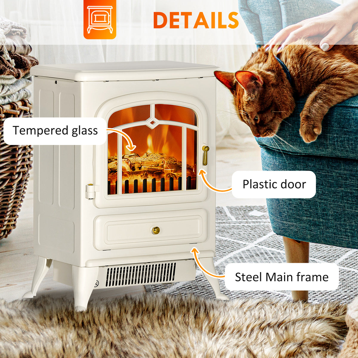 16" Freestanding Electric Fireplace Heater 1500W Beige-Electric Fireplaces-DECOROLALA