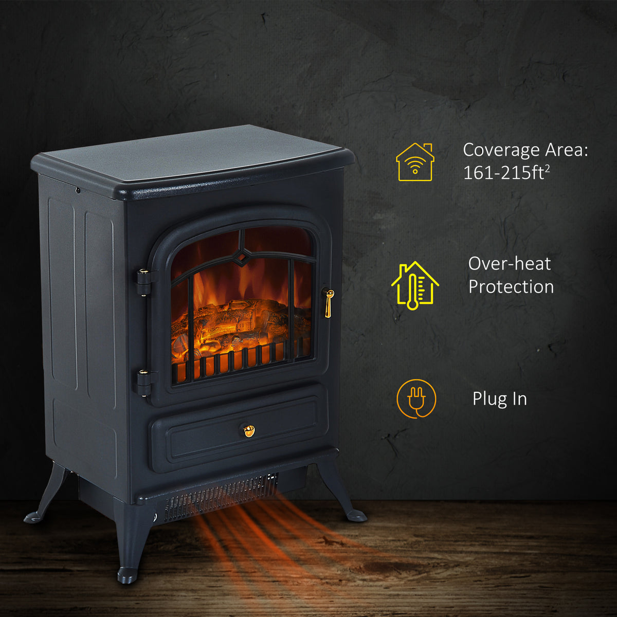 16" Freestanding Electric Fireplace Heater 1500W - Black-Electric Fireplaces-DECOROLALA