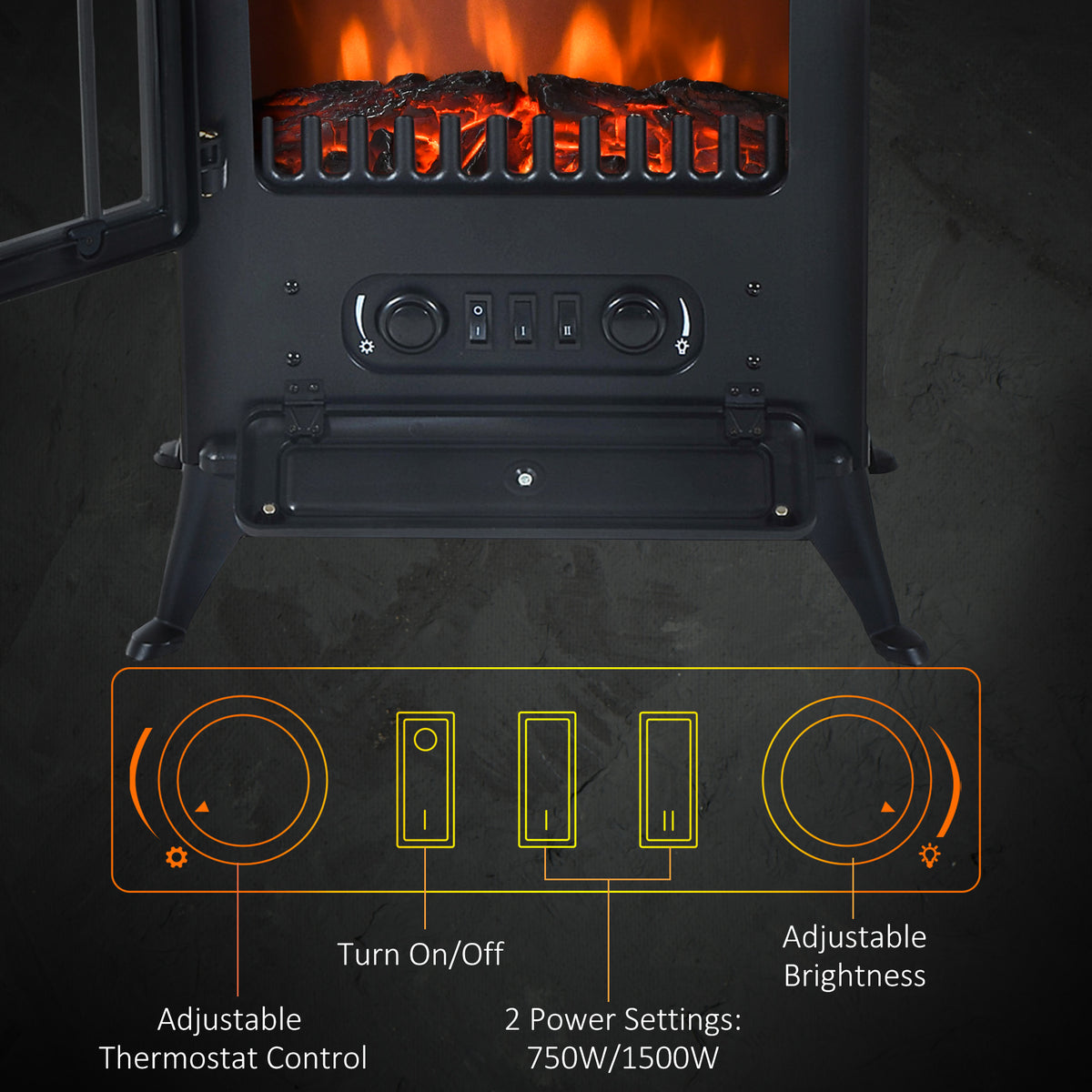 16" Freestanding Electric Fireplace Heater 1500W - Black-Electric Fireplaces-DECOROLALA