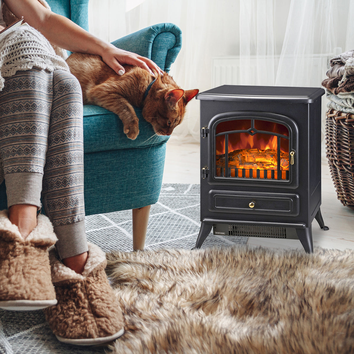 16" Freestanding Electric Fireplace Heater 1500W - Black-Electric Fireplaces-DECOROLALA