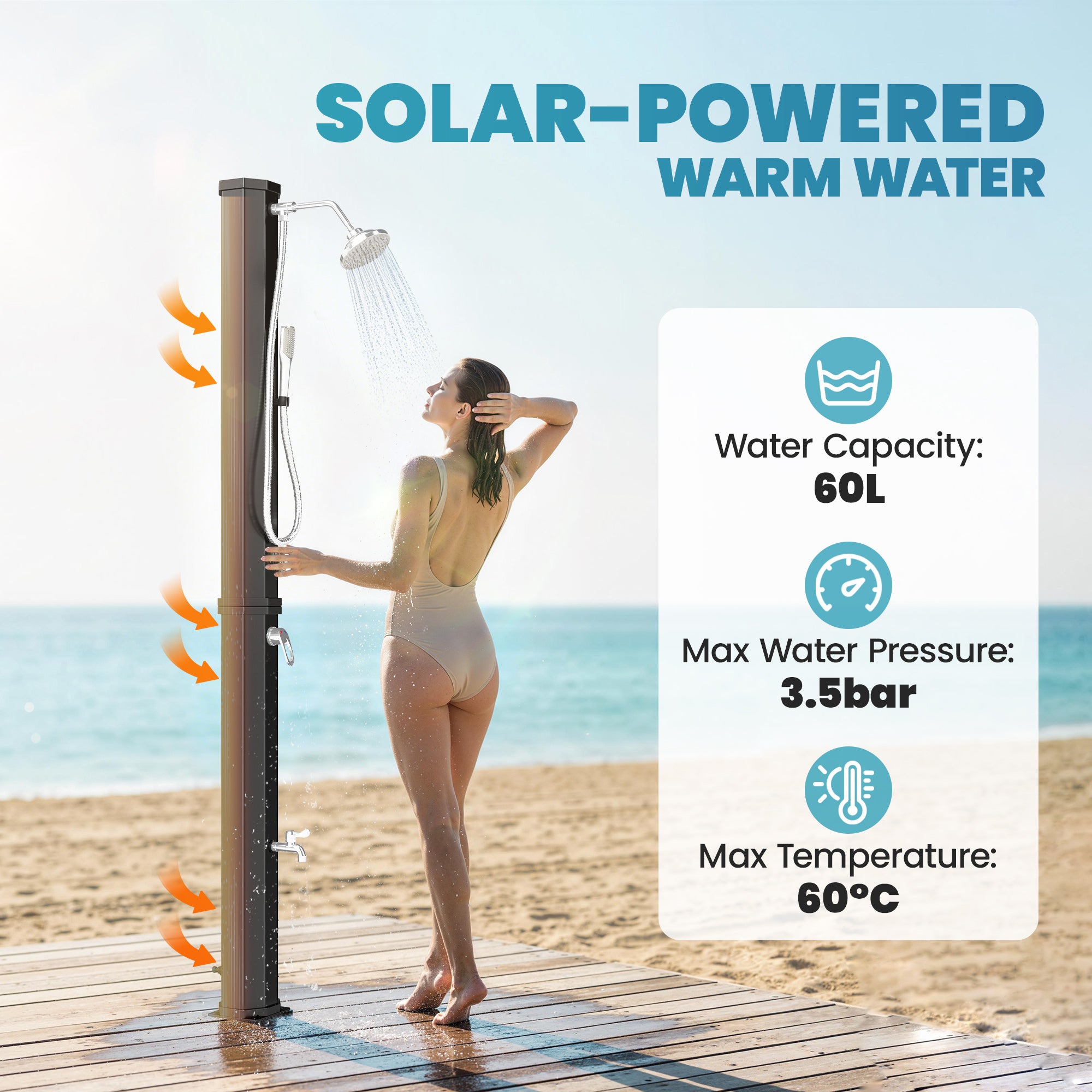 16 Gal Solar Heated Outdoor Shower - 7.4 FT Black ABS-DECOROLALA
