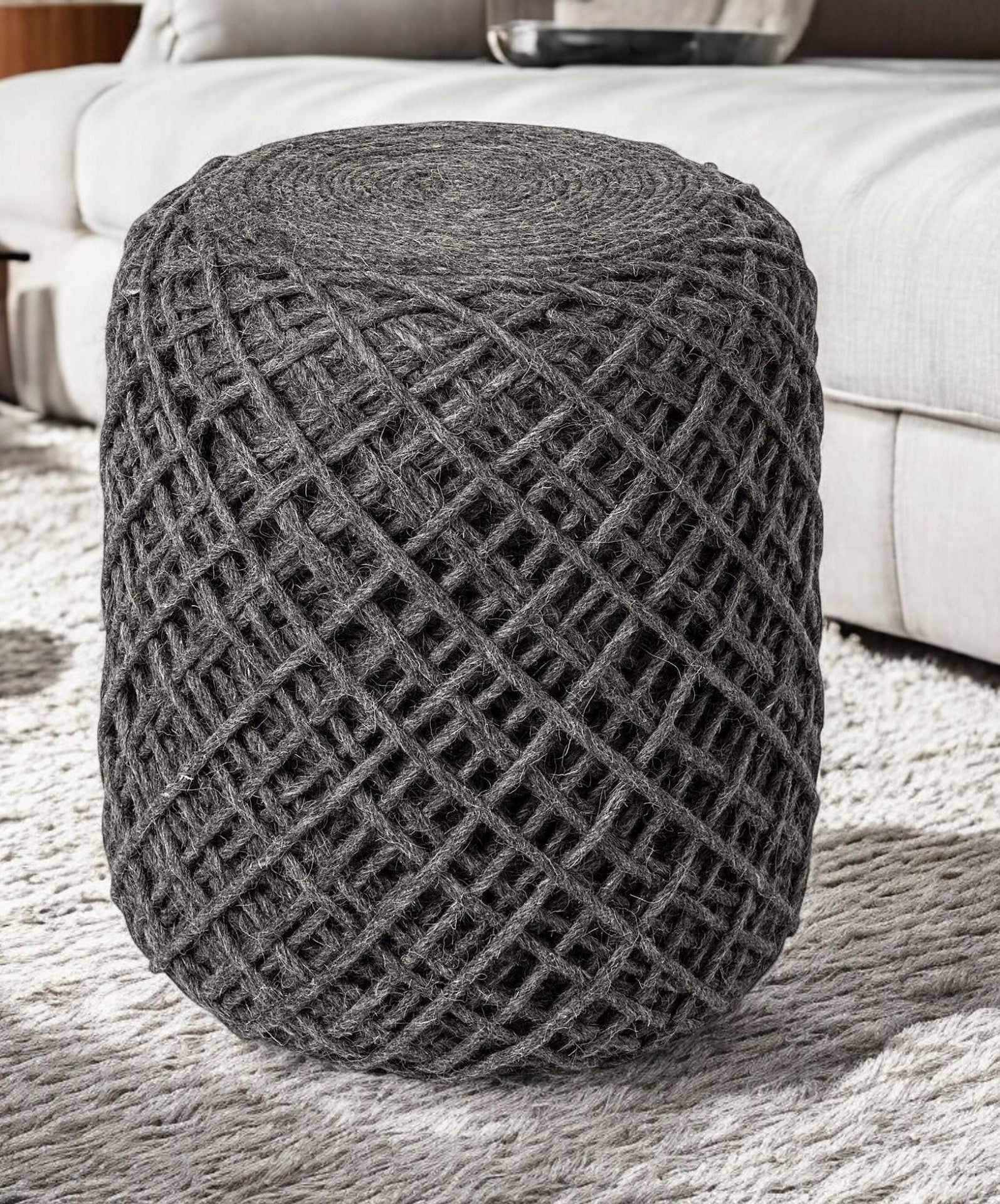 16" Gray Upholstery Cylinder Abstract Pouf Ottoman-Ottomans-DECOROLALA