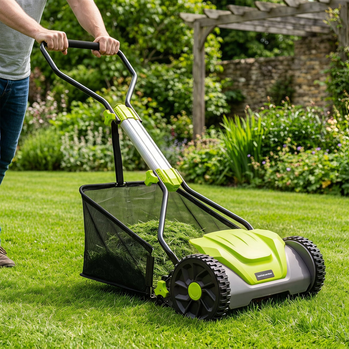 16 Inch Adjustable Cutting Heights 5-Blade Push Reel Lawn Mower with 8 Gal Removable Grass Catcher Bag-Green-Lawn Care Tools-DECOROLALA