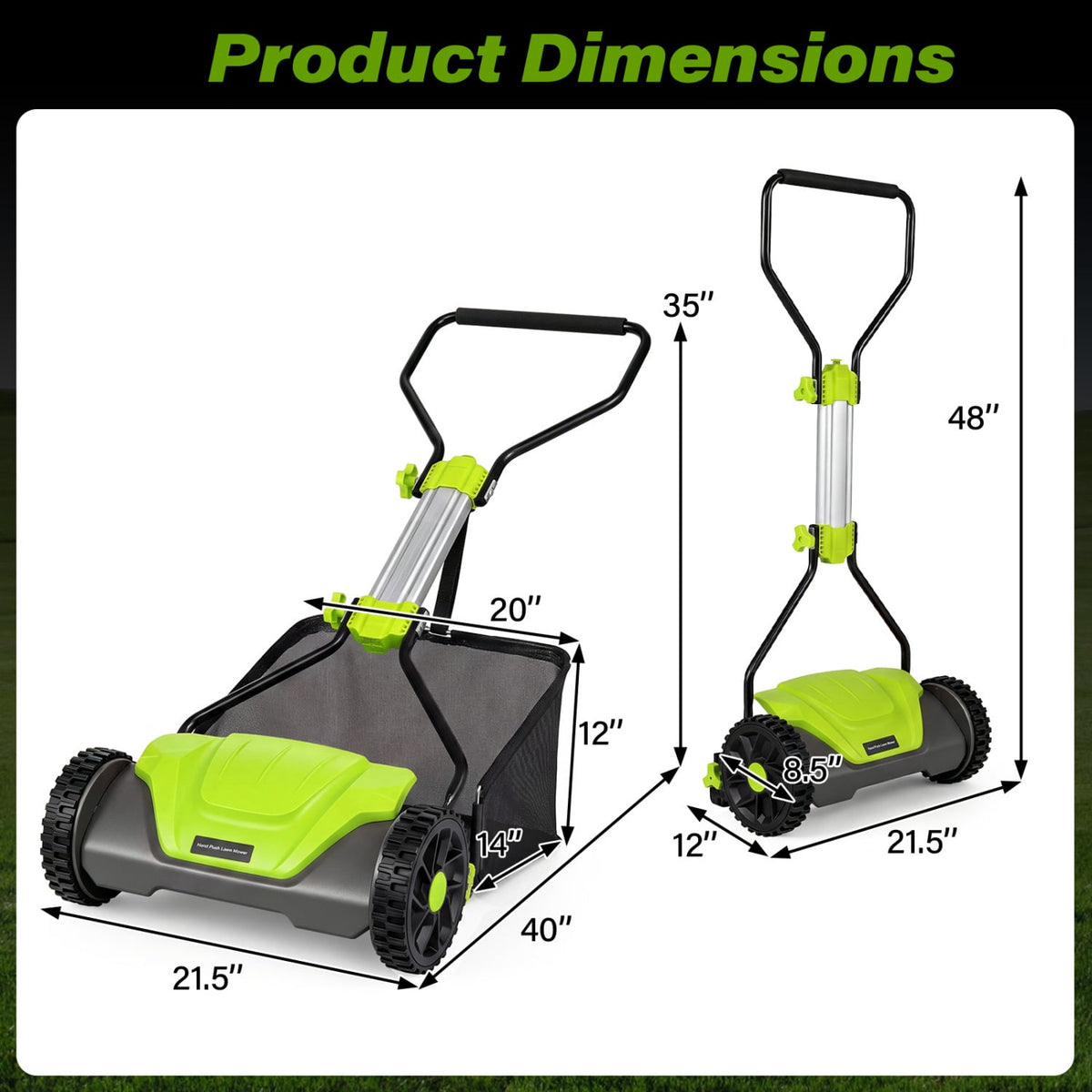 16 Inch Adjustable Cutting Heights 5-Blade Push Reel Lawn Mower with 8 Gal Removable Grass Catcher Bag-Green-Lawn Care Tools-DECOROLALA