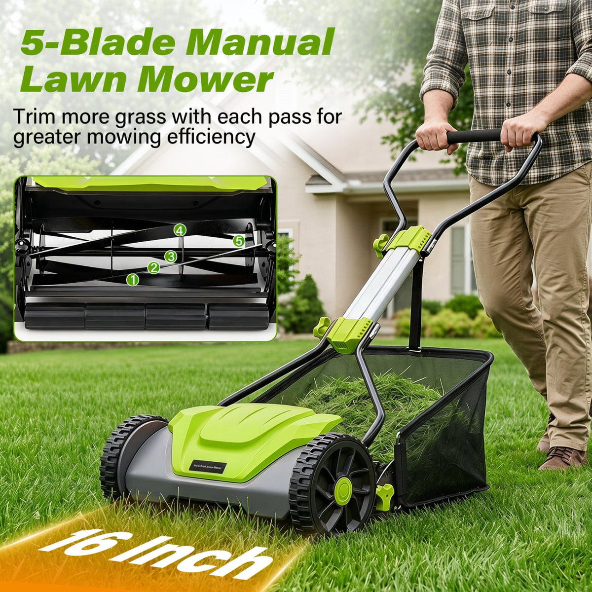 16 Inch Adjustable Cutting Heights 5-Blade Push Reel Lawn Mower with 8 Gal Removable Grass Catcher Bag-Green-Lawn Care Tools-DECOROLALA