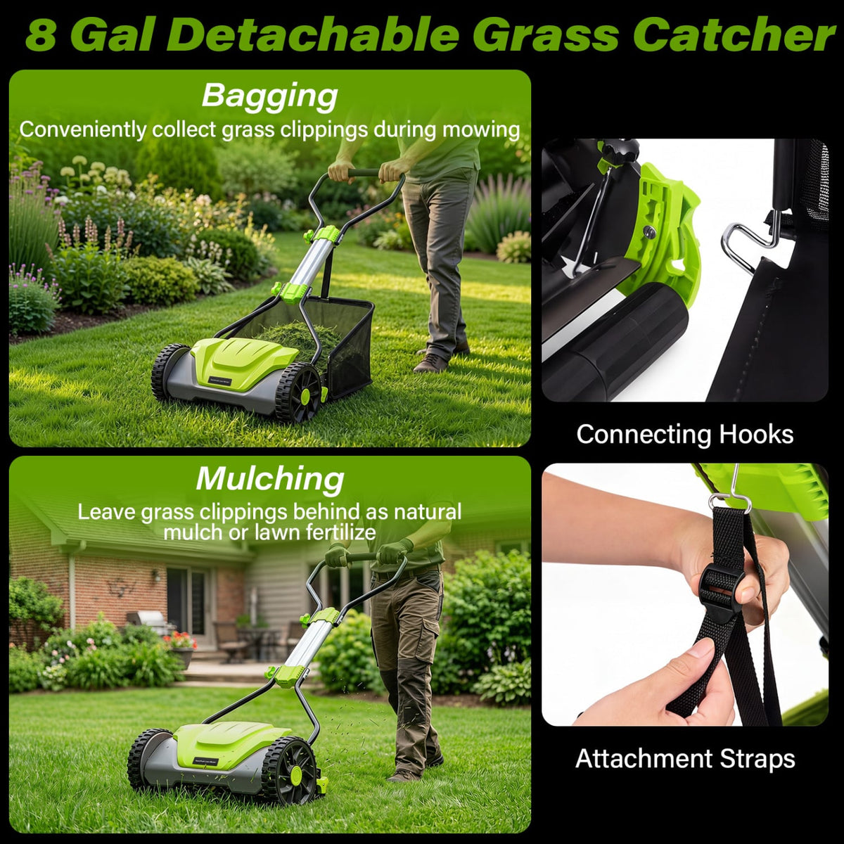 16 Inch Adjustable Cutting Heights 5-Blade Push Reel Lawn Mower with 8 Gal Removable Grass Catcher Bag-Green-Lawn Care Tools-DECOROLALA