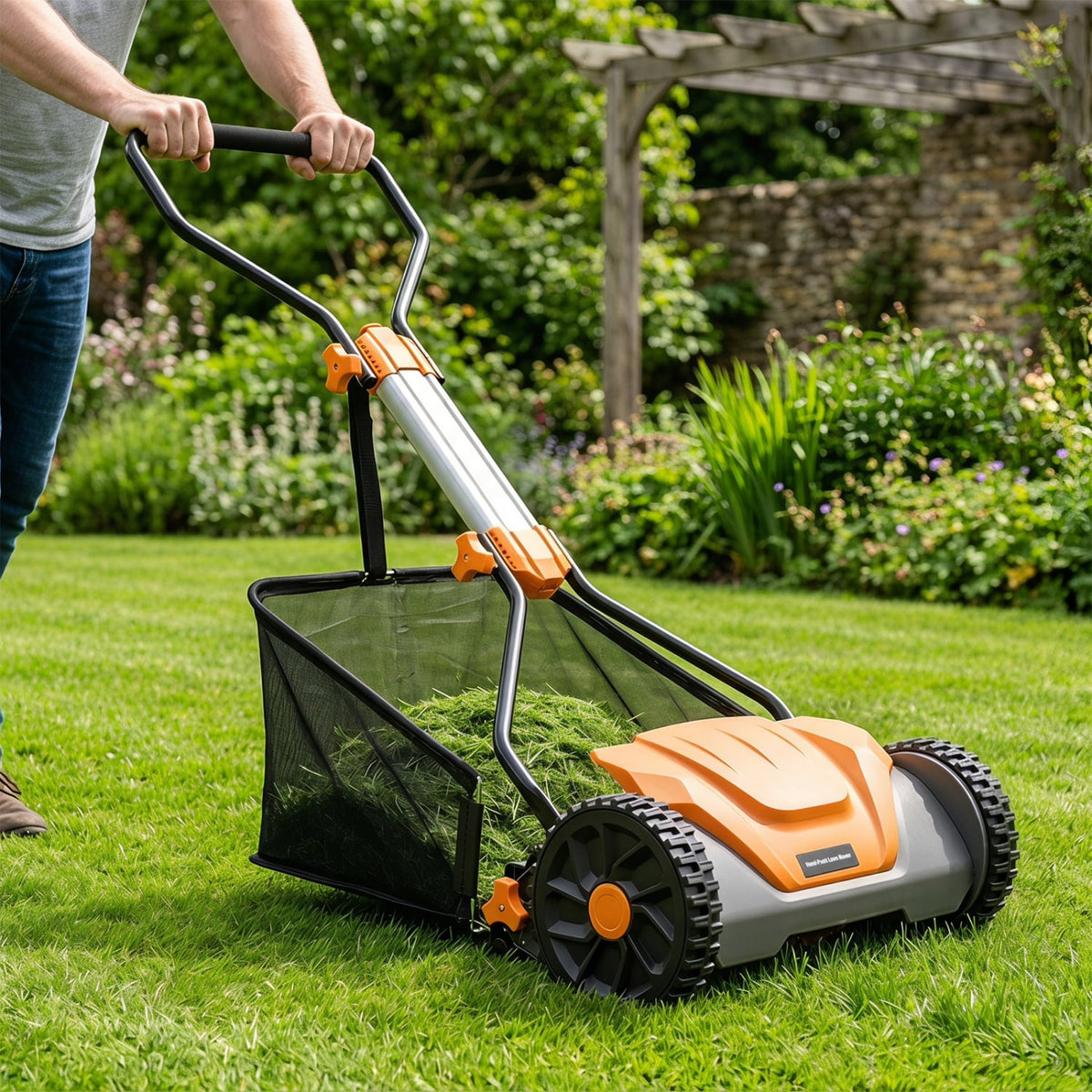 16 Inch Adjustable Cutting Heights 5-Blade Push Reel Lawn Mower with 8 Gal Removable Grass Catcher Bag-Orange-Lawn Care Tools-DECOROLALA
