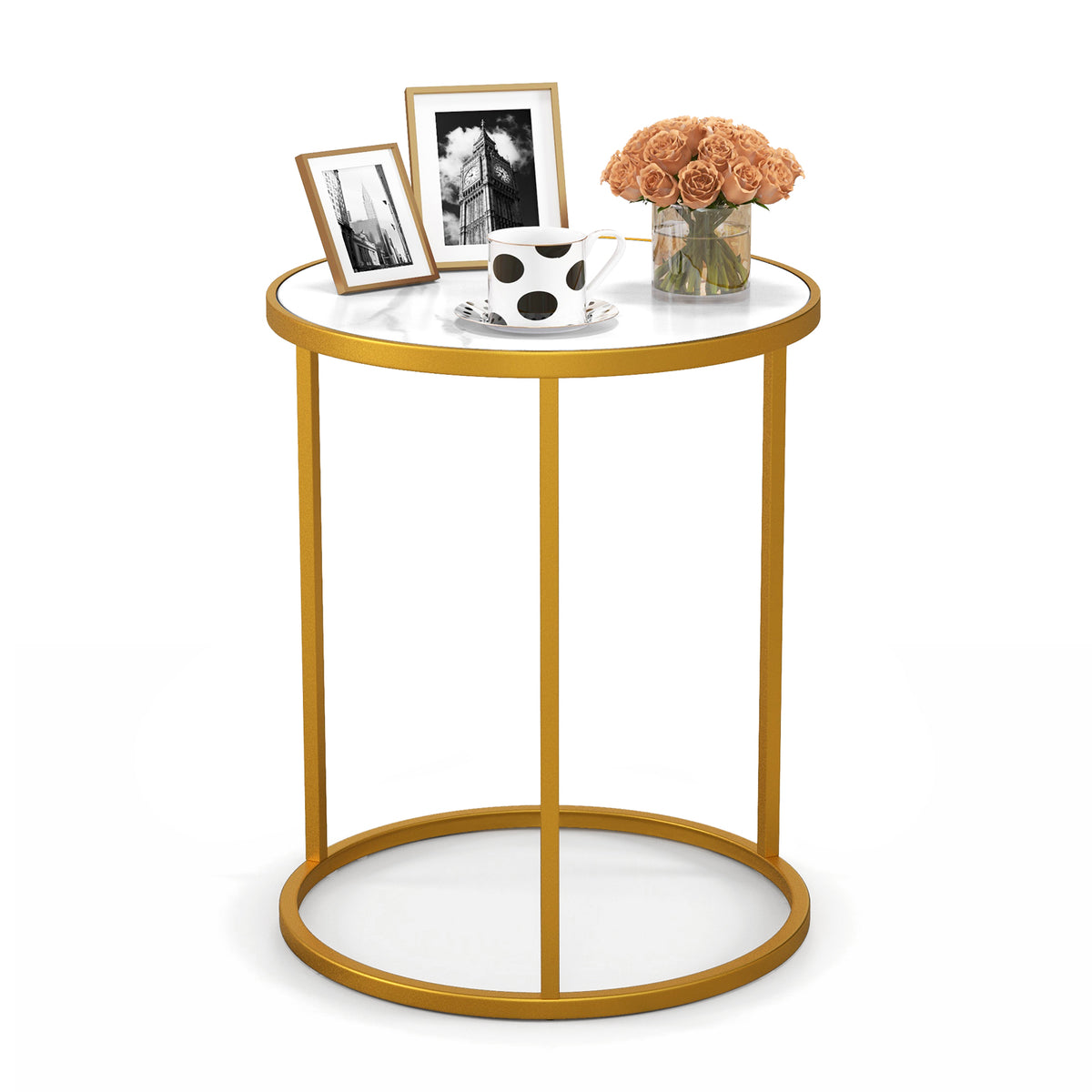 16 Inch Marble Top Round Side Table with Golden Metal Frame for Living Room Bedroom-1 Piece-End & Side Tables-DECOROLALA