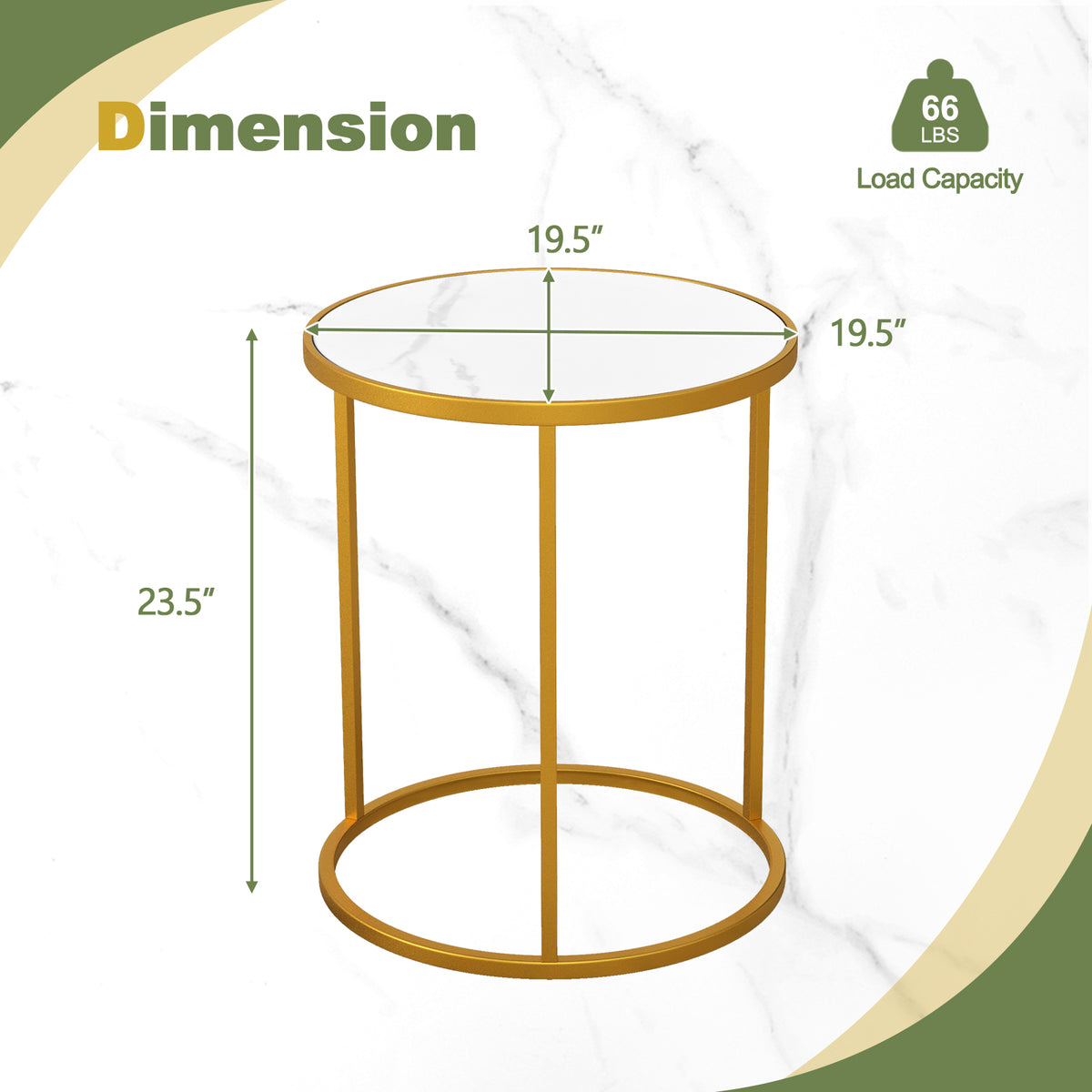 16 Inch Marble Top Round Side Table with Golden Metal Frame for Living Room Bedroom-1 Piece-End & Side Tables-DECOROLALA