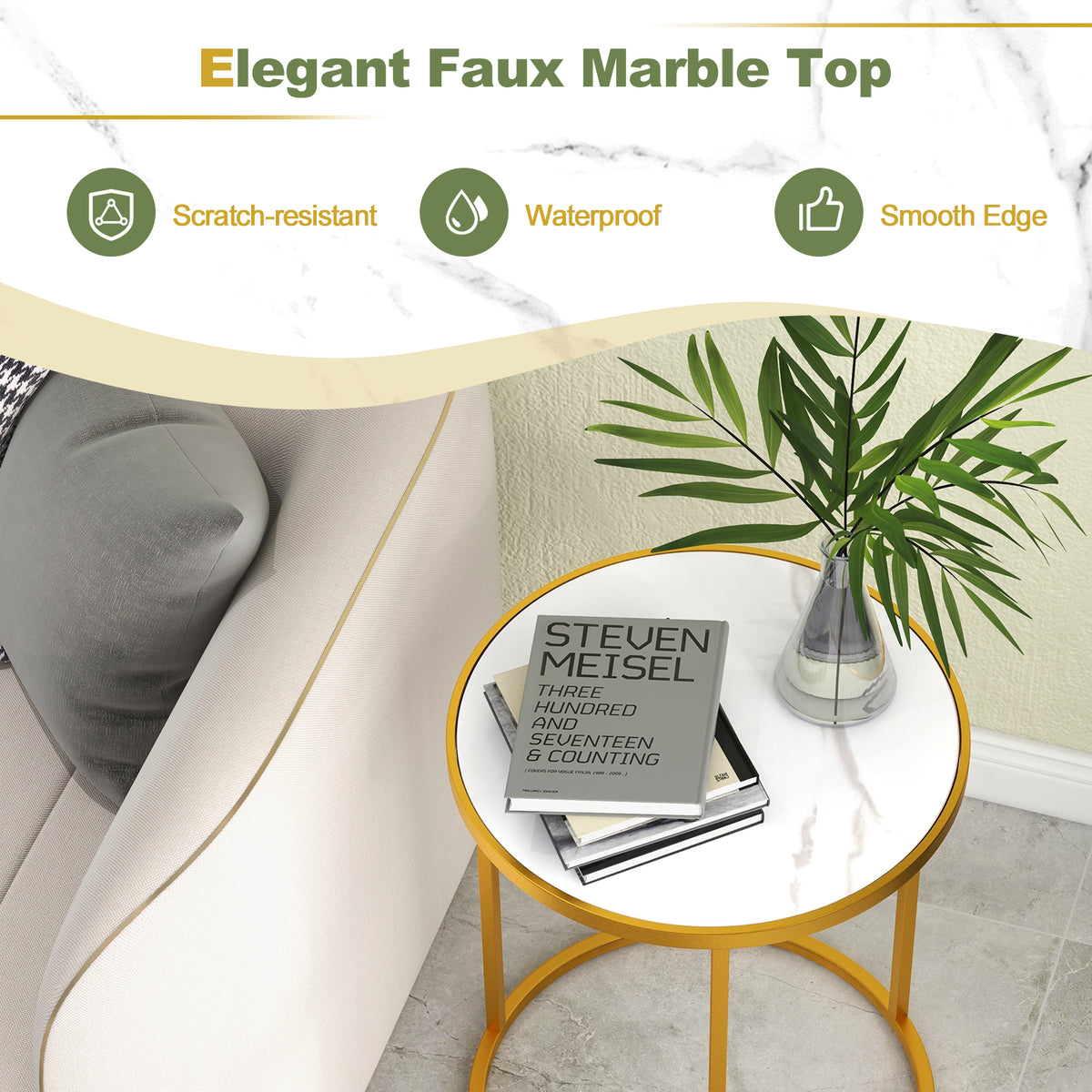 16 Inch Marble Top Round Side Table with Golden Metal Frame for Living Room Bedroom-1 Piece-End & Side Tables-DECOROLALA