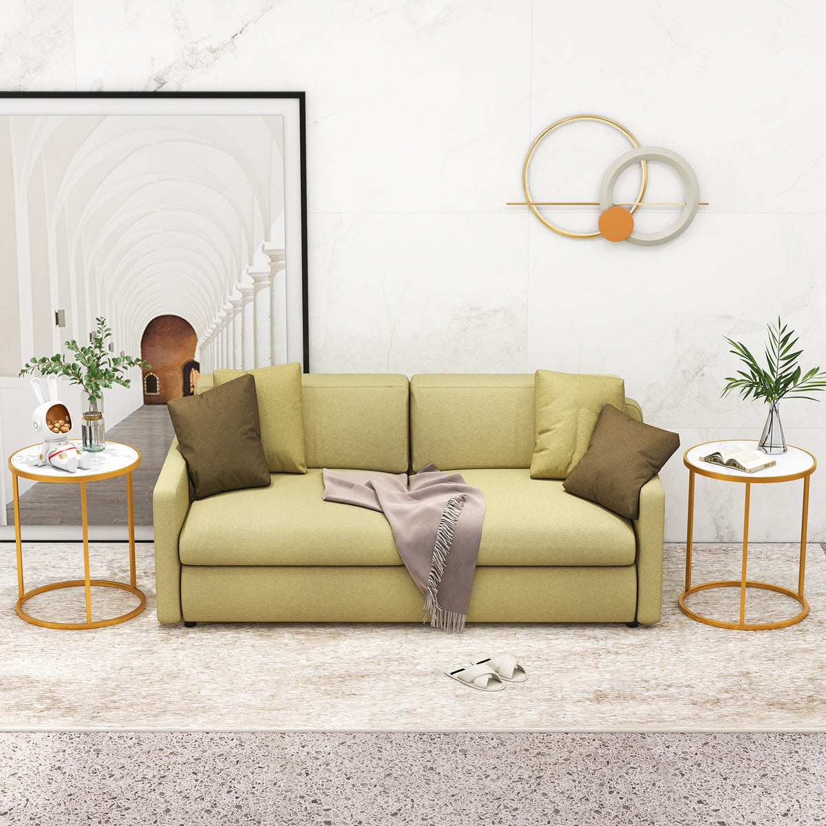 16 Inch Marble Top Round Side Table with Golden Metal Frame for Living Room Bedroom-Set of 2-End & Side Tables-DECOROLALA