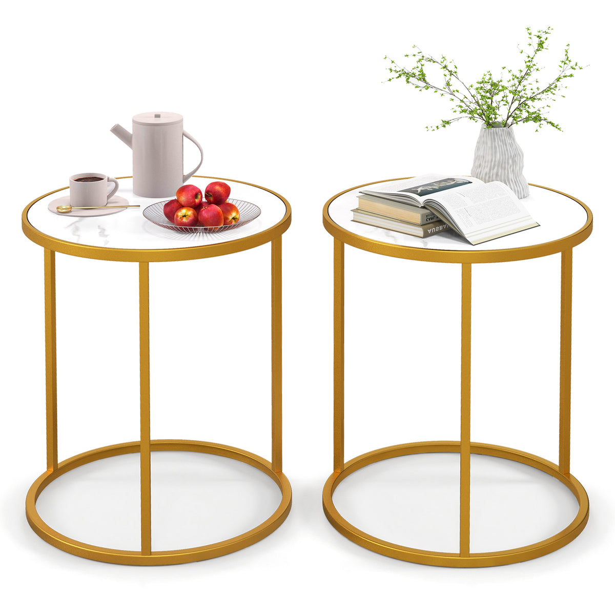 16 Inch Marble Top Round Side Table with Golden Metal Frame for Living Room Bedroom-Set of 2-End & Side Tables-DECOROLALA