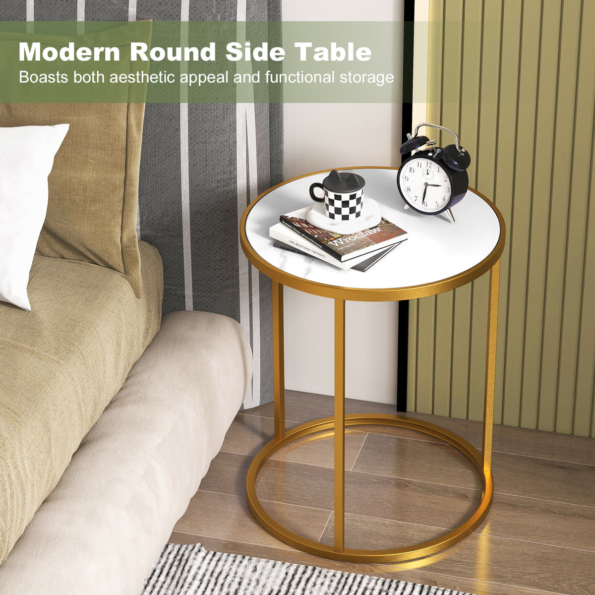 16 Inch Marble Top Round Side Table with Golden Metal Frame for Living Room Bedroom-Set of 2-End & Side Tables-DECOROLALA