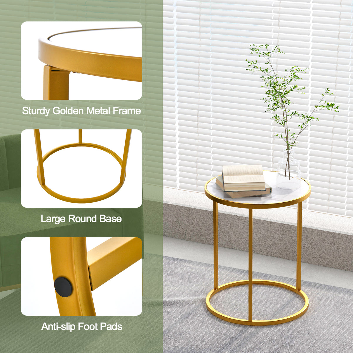 16 Inch Marble Top Round Side Table with Golden Metal Frame for Living Room Bedroom-Set of 2-End & Side Tables-DECOROLALA