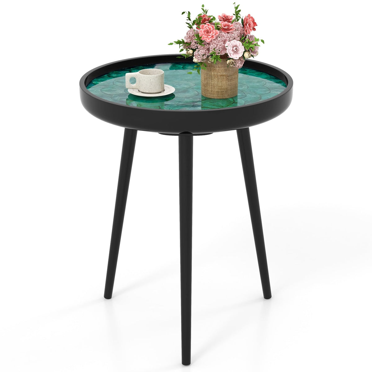 16 Inch Mid-century Modern Coffee End Table with Sea Shell Decoration-Green-End & Side Tables-DECOROLALA