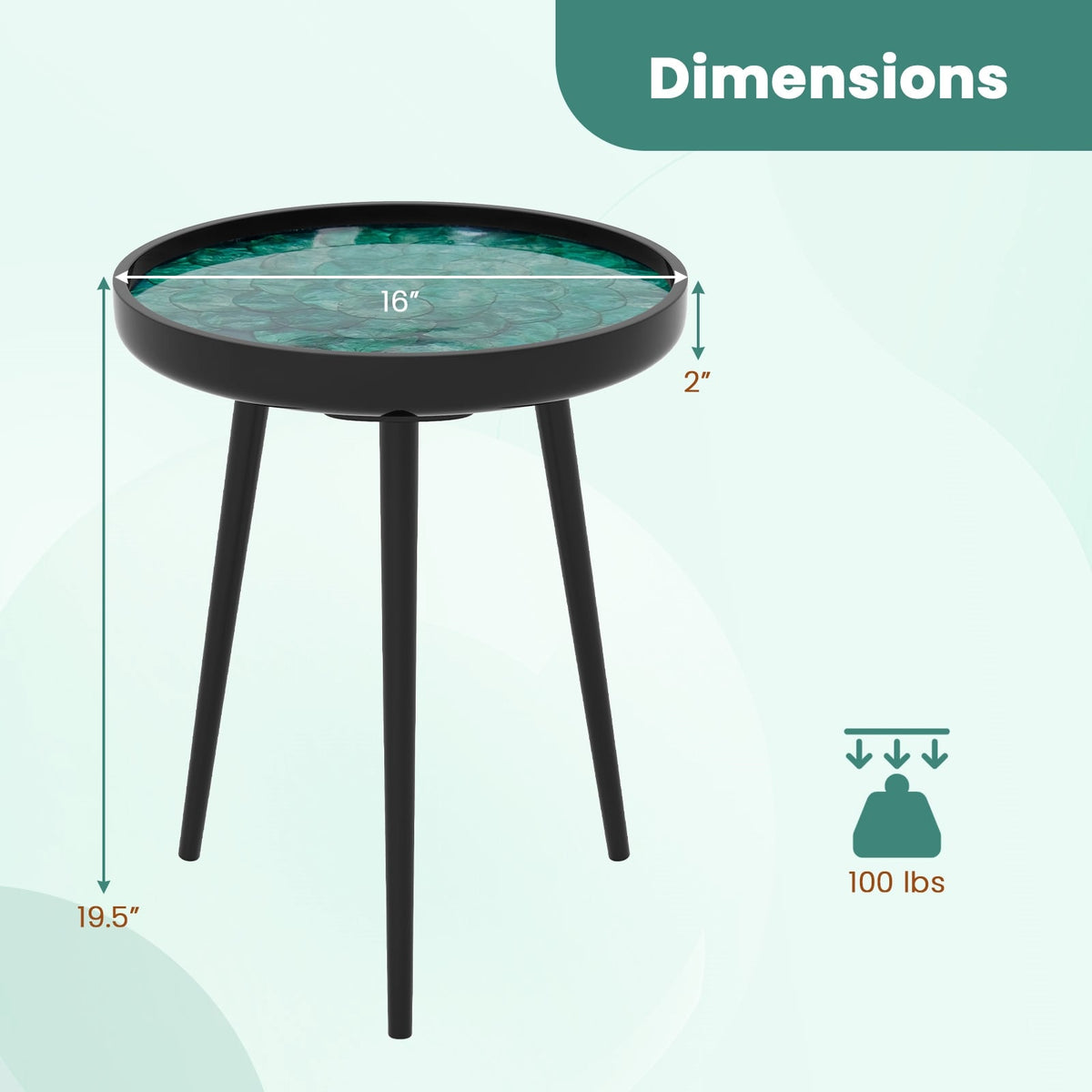 16 Inch Mid-century Modern Coffee End Table with Sea Shell Decoration-Green-End & Side Tables-DECOROLALA