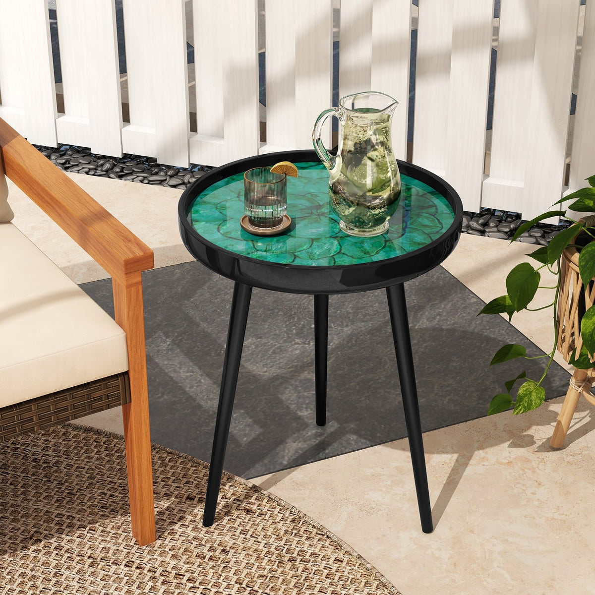 16 Inch Mid-century Modern Coffee End Table with Sea Shell Decoration-Green-End & Side Tables-DECOROLALA