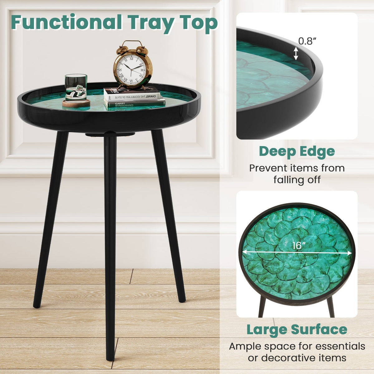 16 Inch Mid-century Modern Coffee End Table with Sea Shell Decoration-Green-End & Side Tables-DECOROLALA