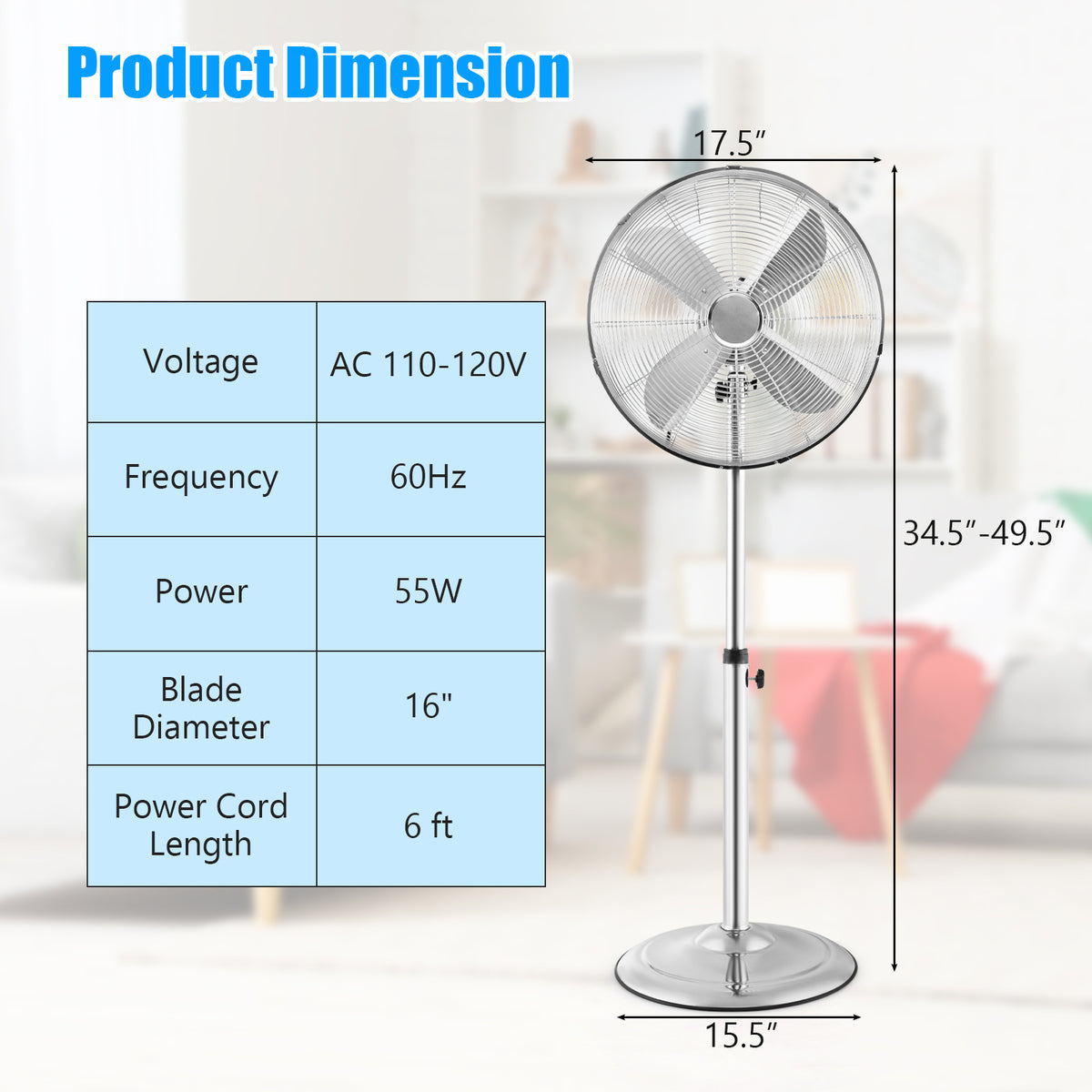 16 Inch Pedestal Standing Fan Oscillating Pedestal Fan with 3 Speeds and Adjustable Height-Silver-Fans-DECOROLALA