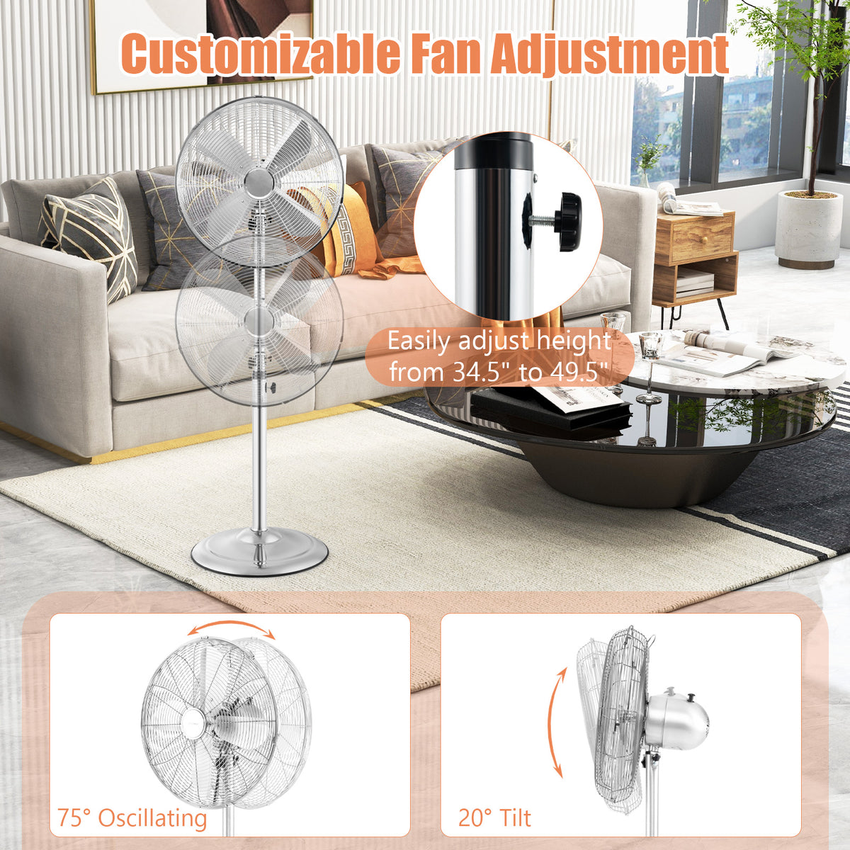 16 Inch Pedestal Standing Fan Oscillating Pedestal Fan with 3 Speeds and Adjustable Height-Silver-Fans-DECOROLALA