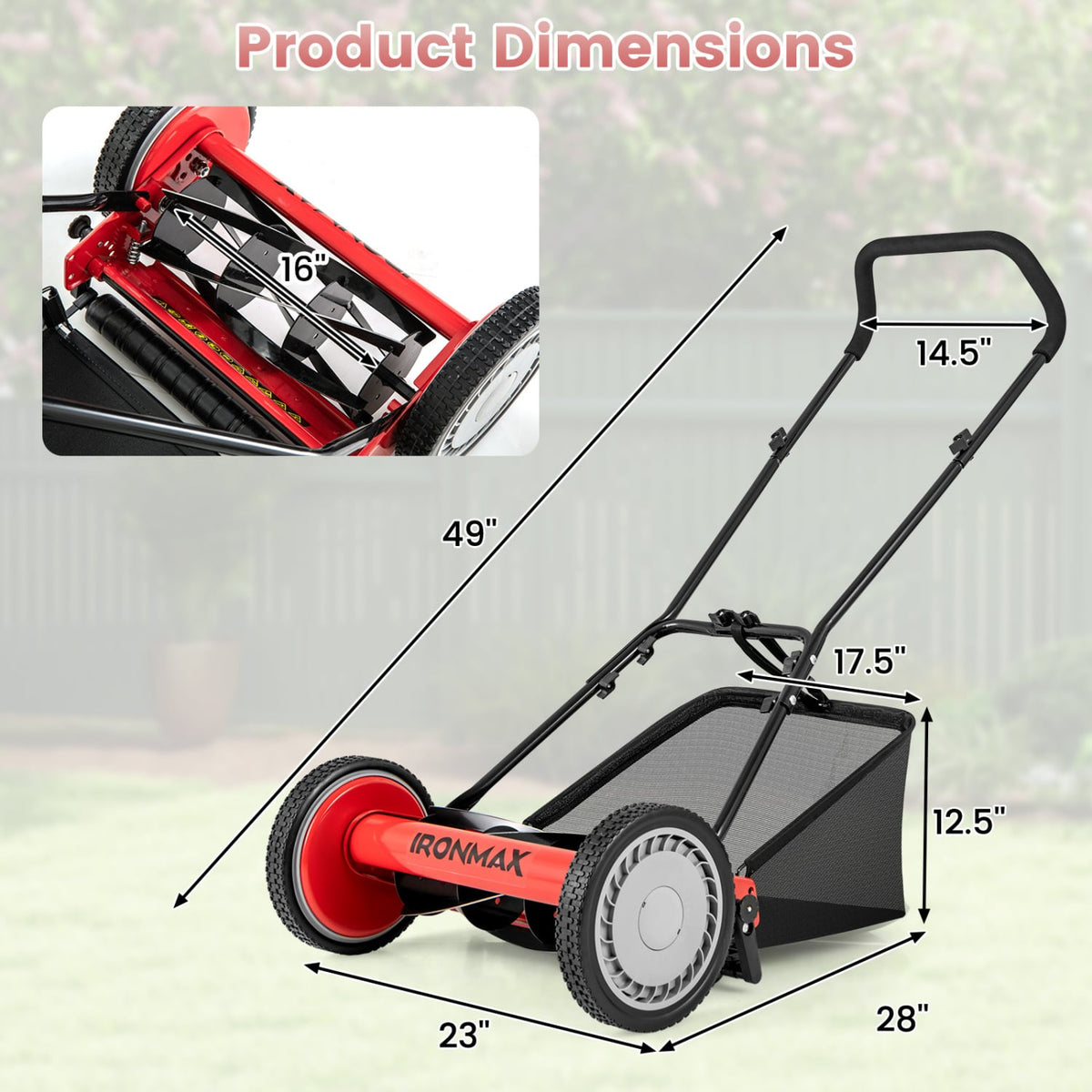 16 Inch Push Lawn Mower with 5 Steel Blades and Grass Catcher Bag-Red-Lawn Care Tools-DECOROLALA