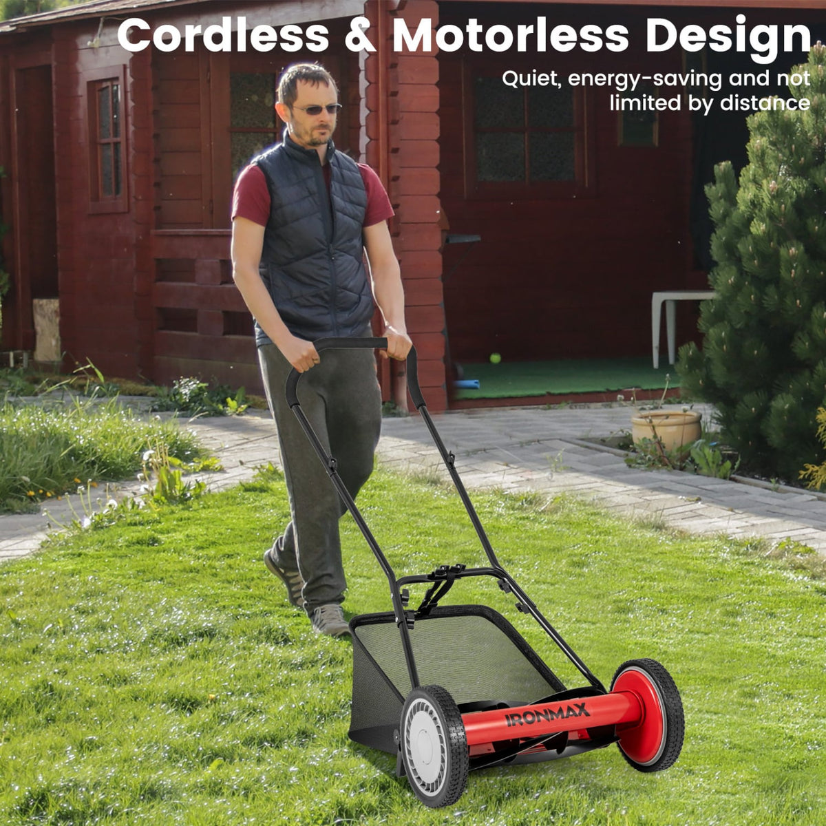 16 Inch Push Lawn Mower with 5 Steel Blades and Grass Catcher Bag-Red-Lawn Care Tools-DECOROLALA