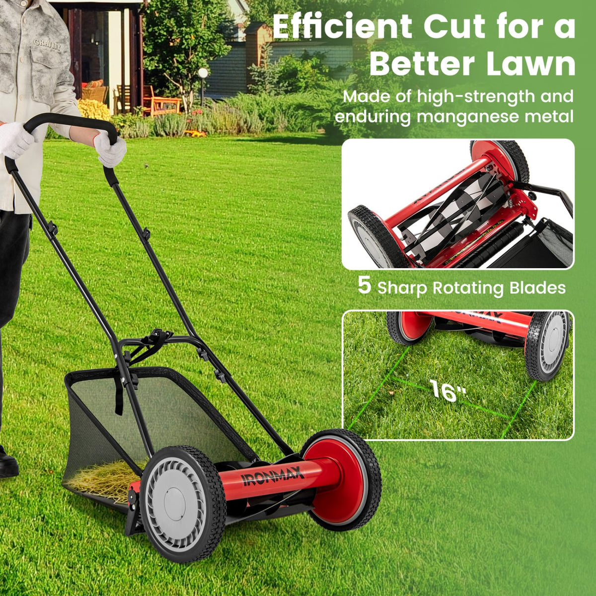 16 Inch Push Lawn Mower with 5 Steel Blades and Grass Catcher Bag-Red-Lawn Care Tools-DECOROLALA