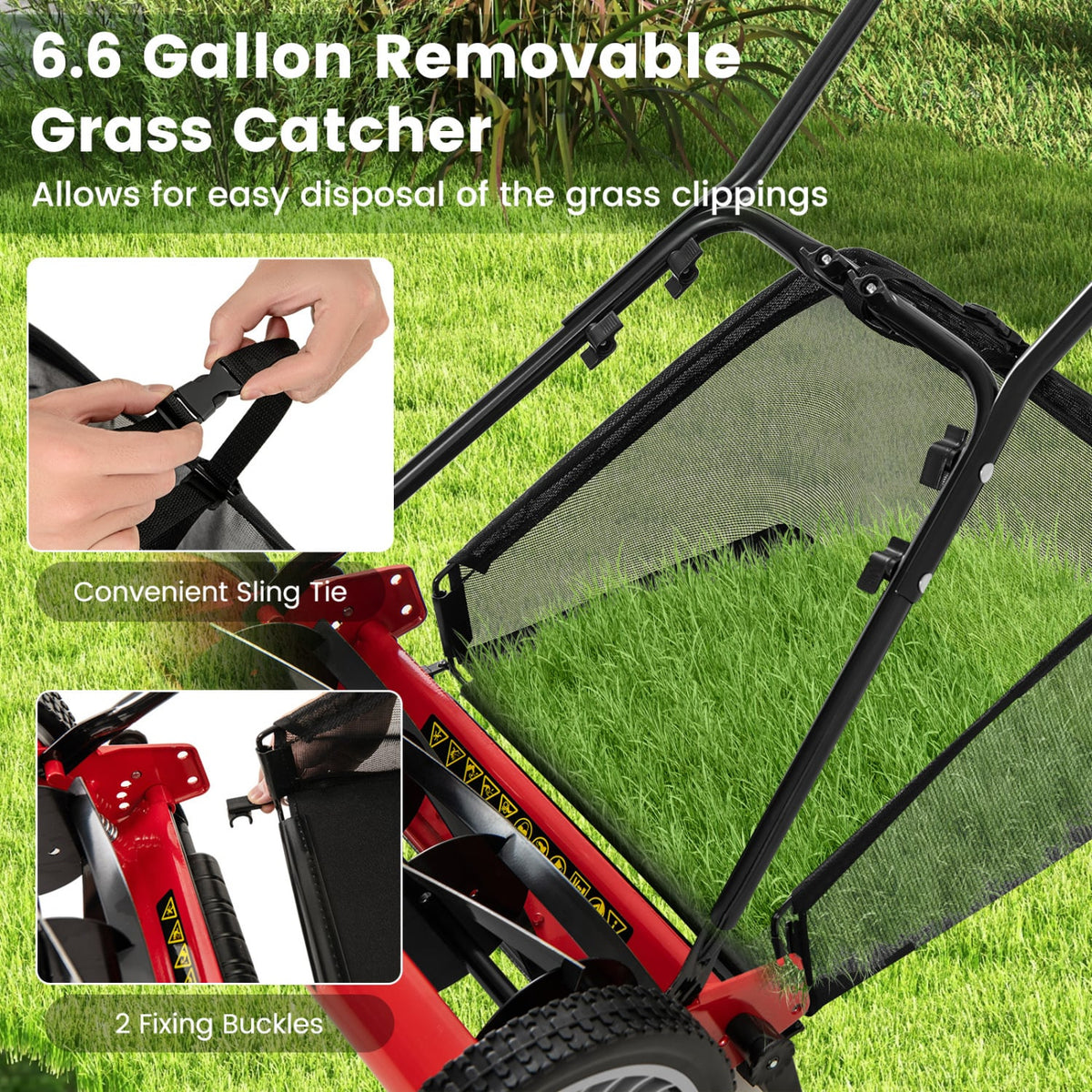 16 Inch Push Lawn Mower with 5 Steel Blades and Grass Catcher Bag-Red-Lawn Care Tools-DECOROLALA