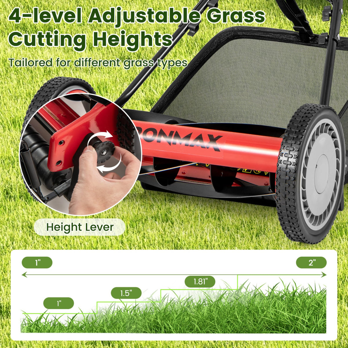 16 Inch Push Lawn Mower with 5 Steel Blades and Grass Catcher Bag-Red-Lawn Care Tools-DECOROLALA