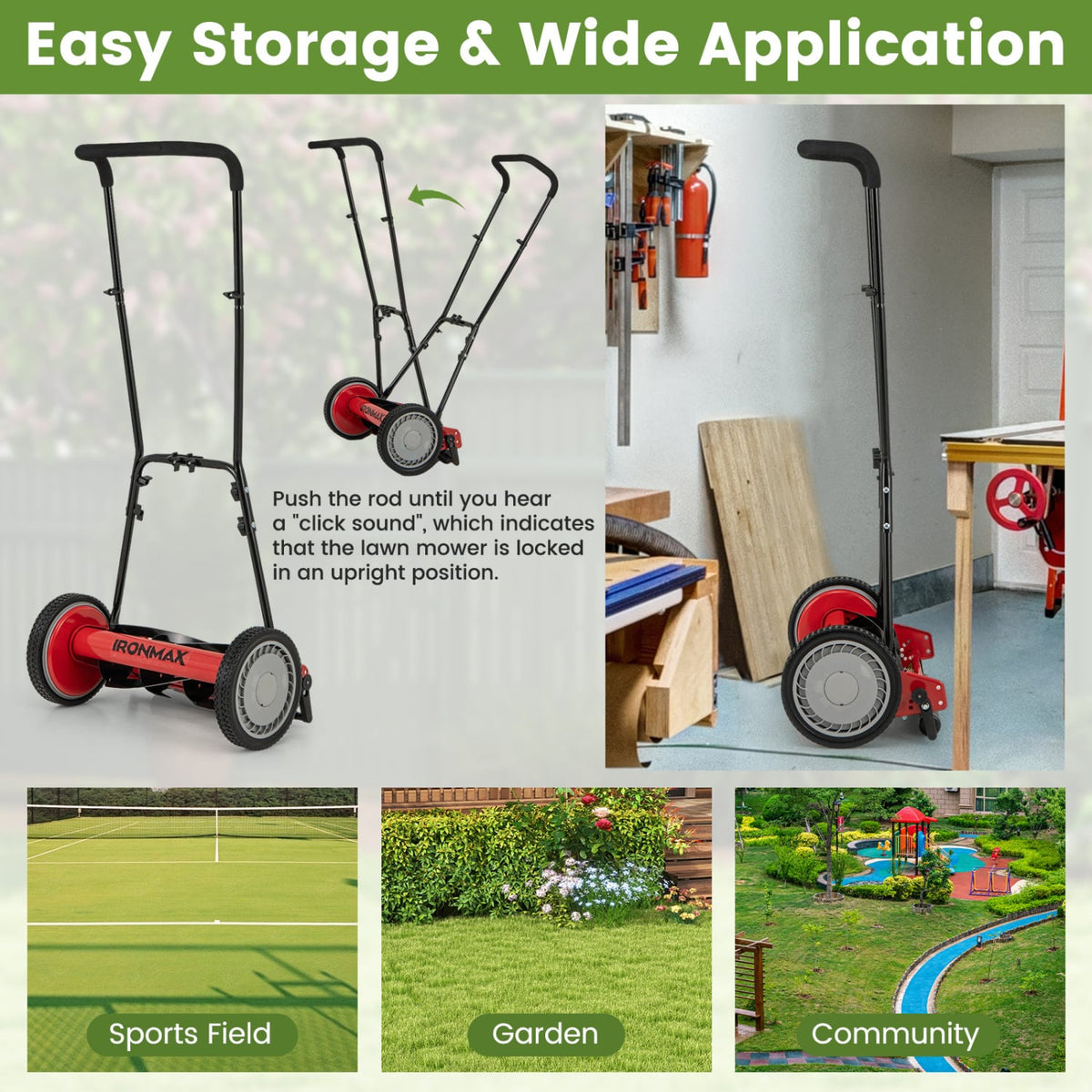 16 Inch Push Lawn Mower with 5 Steel Blades and Grass Catcher Bag-Red-Lawn Care Tools-DECOROLALA