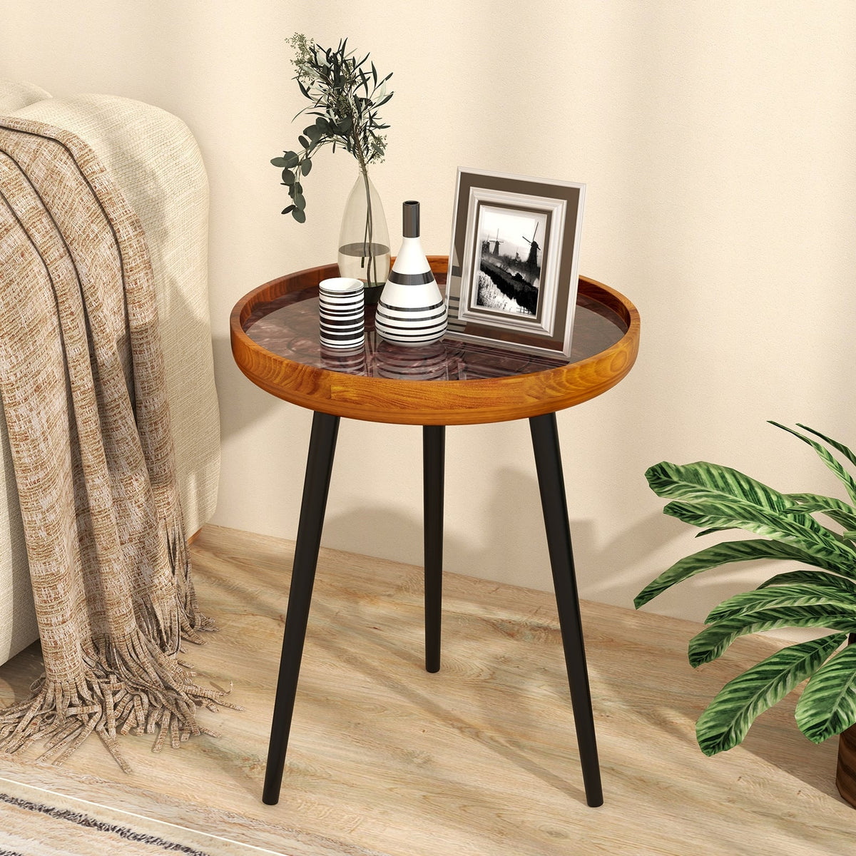 16 Inch Round End Table with Sea Shell Decoration and Epoxy Resin Finish-Brown-End & Side Tables-DECOROLALA