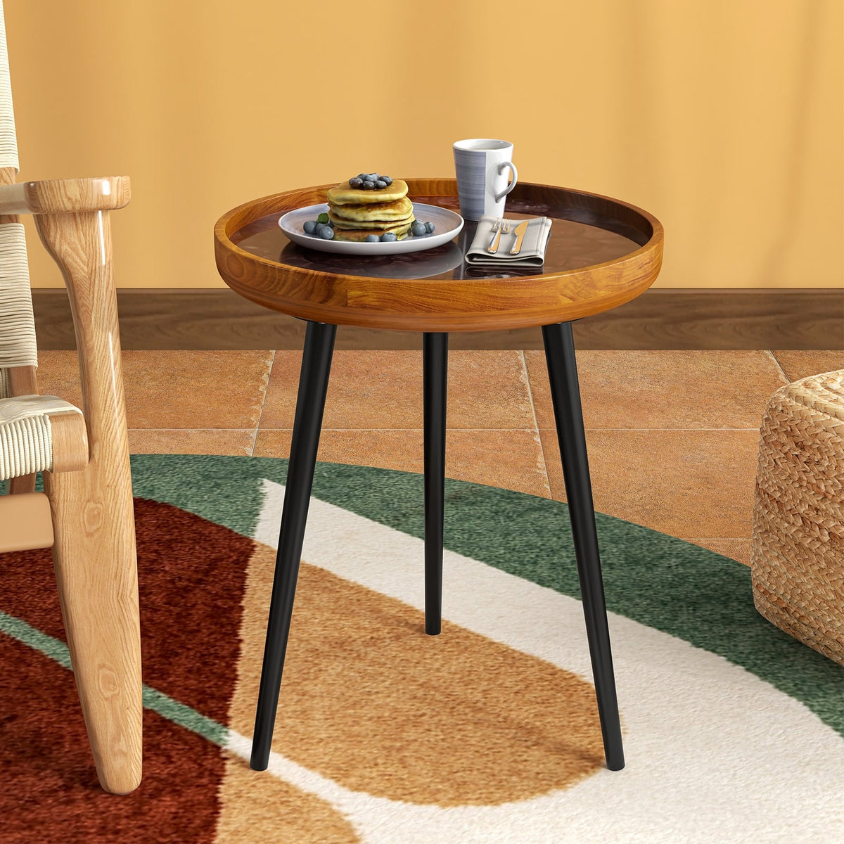 16 Inch Round End Table with Sea Shell Decoration and Epoxy Resin Finish-Brown-End & Side Tables-DECOROLALA