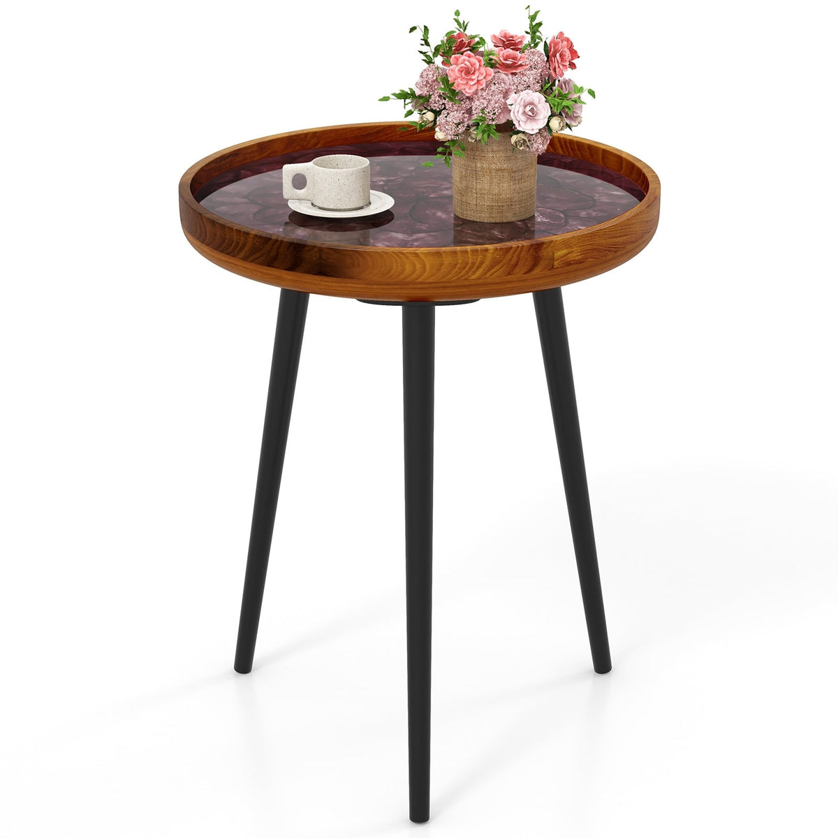 16 Inch Round End Table with Sea Shell Decoration and Epoxy Resin Finish-Brown-End & Side Tables-DECOROLALA