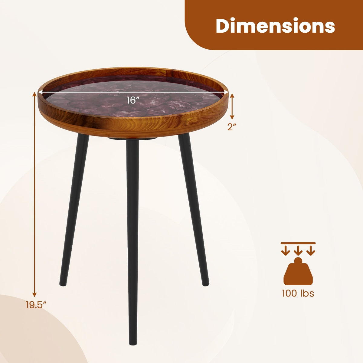 16 Inch Round End Table with Sea Shell Decoration and Epoxy Resin Finish-Brown-End & Side Tables-DECOROLALA
