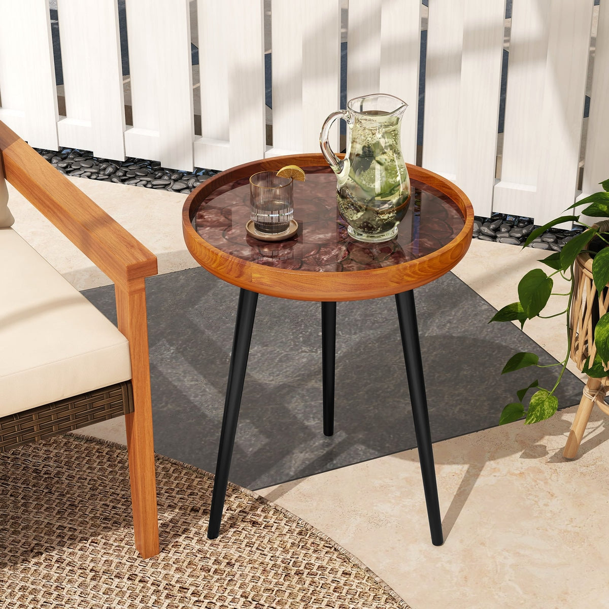 16 Inch Round End Table with Sea Shell Decoration and Epoxy Resin Finish-Brown-End & Side Tables-DECOROLALA