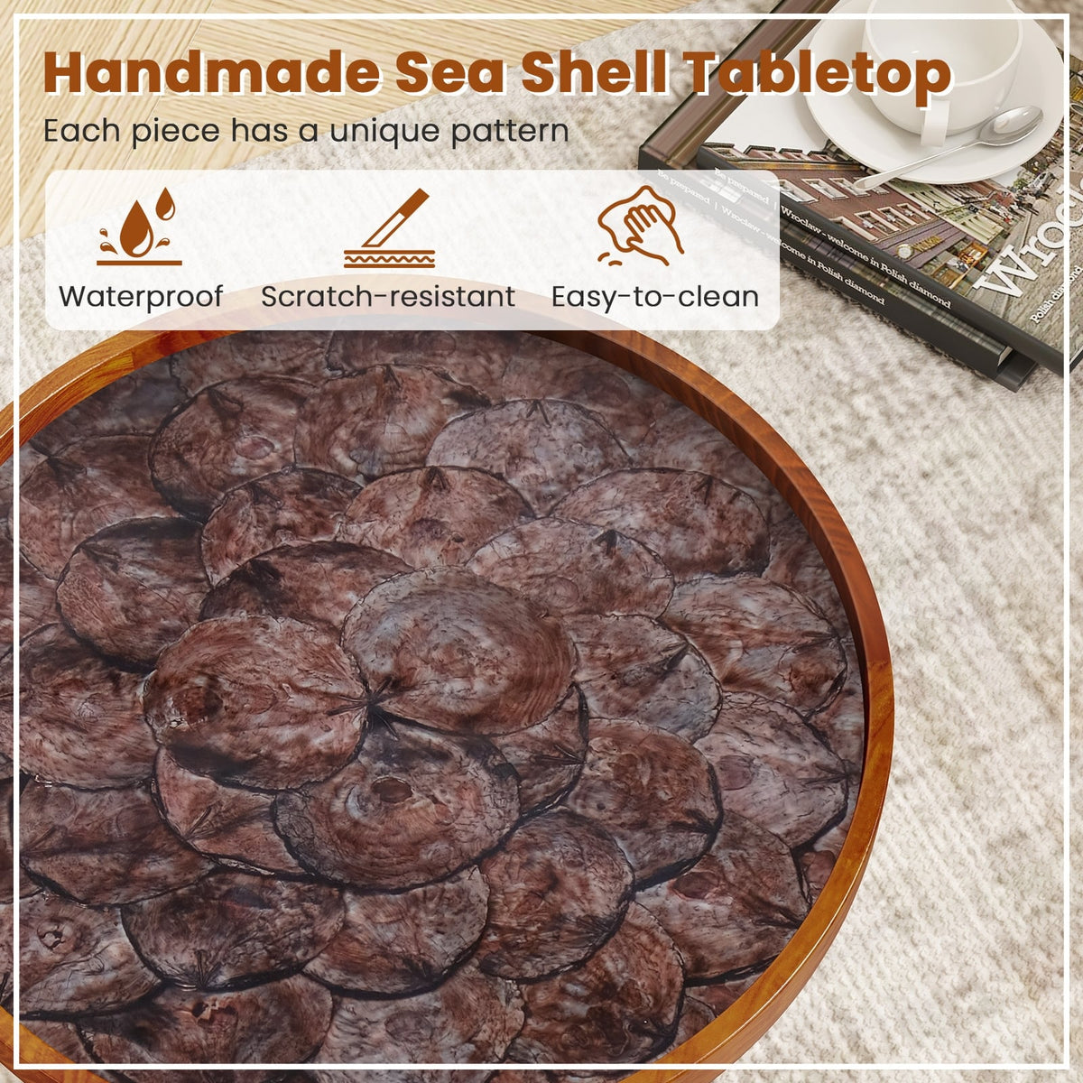16 Inch Round End Table with Sea Shell Decoration and Epoxy Resin Finish-Brown-End & Side Tables-DECOROLALA