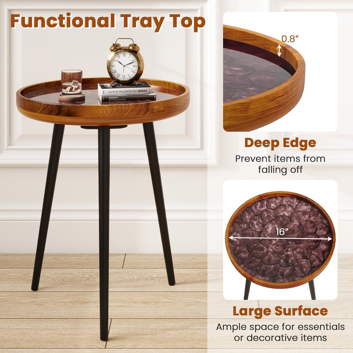 16 Inch Round End Table with Sea Shell Decoration and Epoxy Resin Finish-Brown-End & Side Tables-DECOROLALA