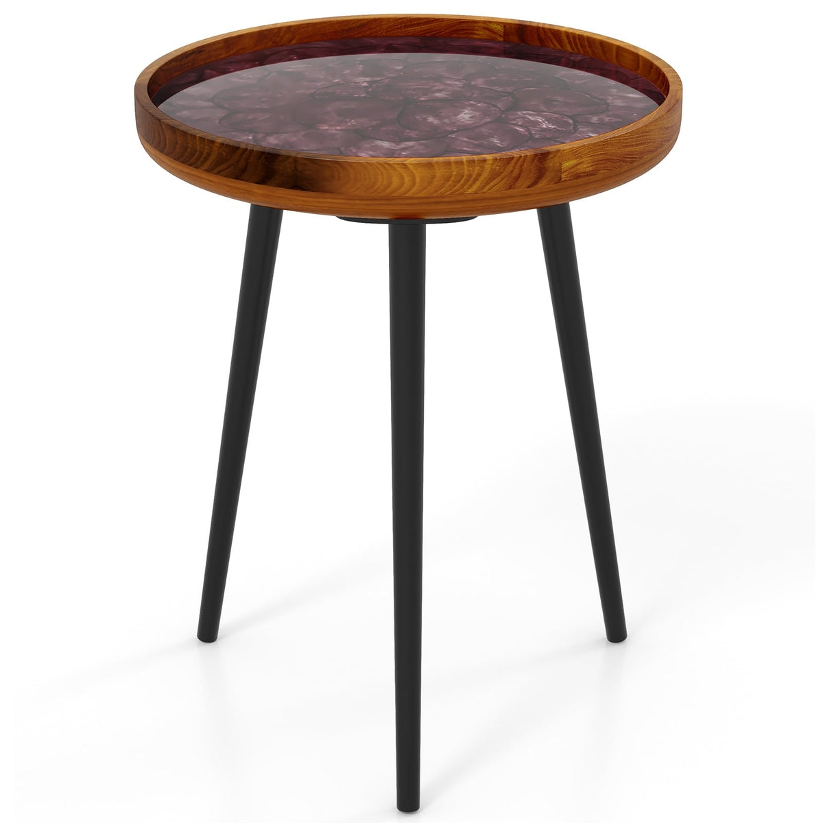 16 Inch Round End Table with Sea Shell Decoration and Epoxy Resin Finish-Brown-End & Side Tables-DECOROLALA
