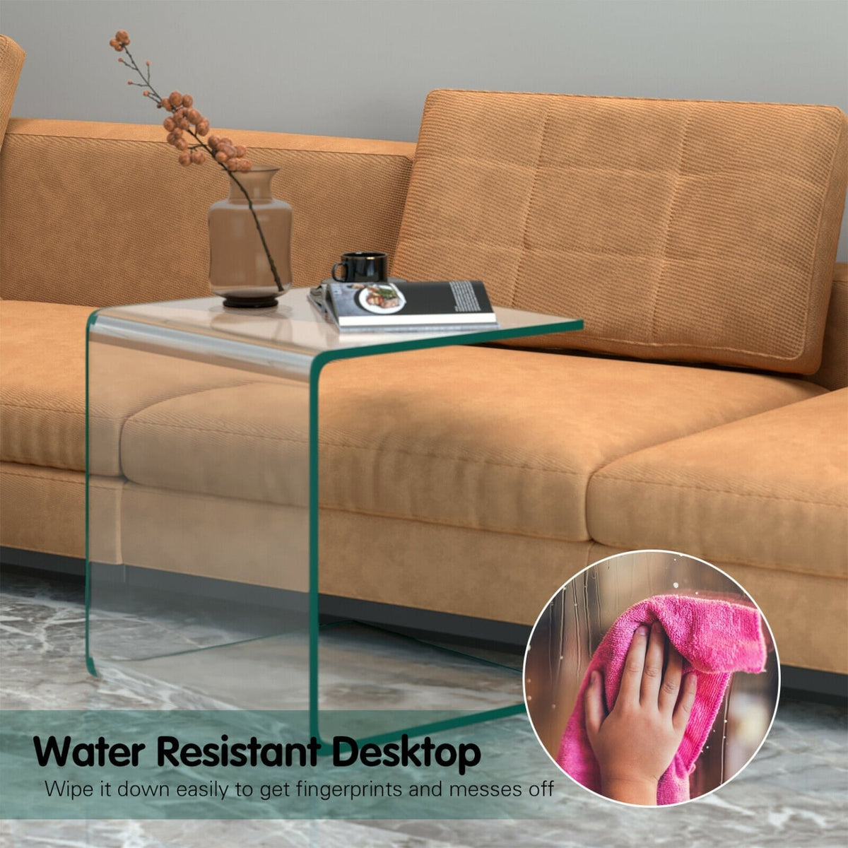 16 Inch Tempered Waterfall End Table with non-Slip Pad-End & Side Tables-DECOROLALA