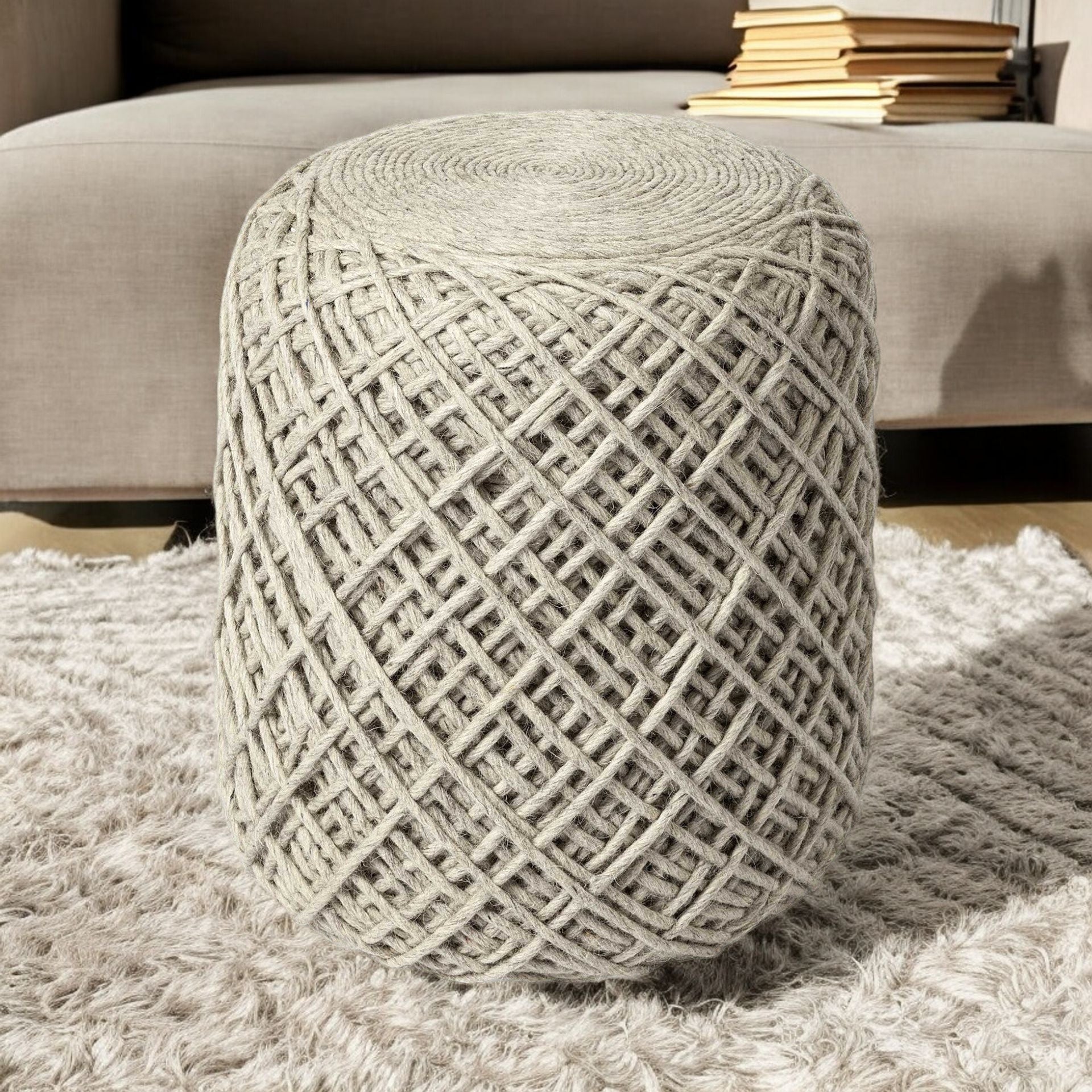 16" Ivory Upholstery Cylinder Abstract Pouf Ottoman-Ottomans-DECOROLALA