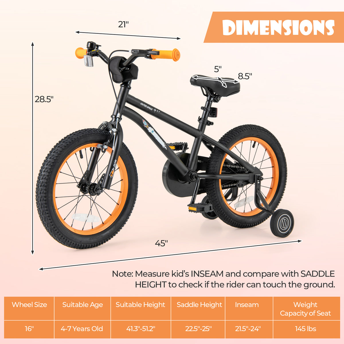 16" Kids Bike with Training Wheels, Adjustable Seat, 4-7 Years Old-Kids Bike-DECOROLALA