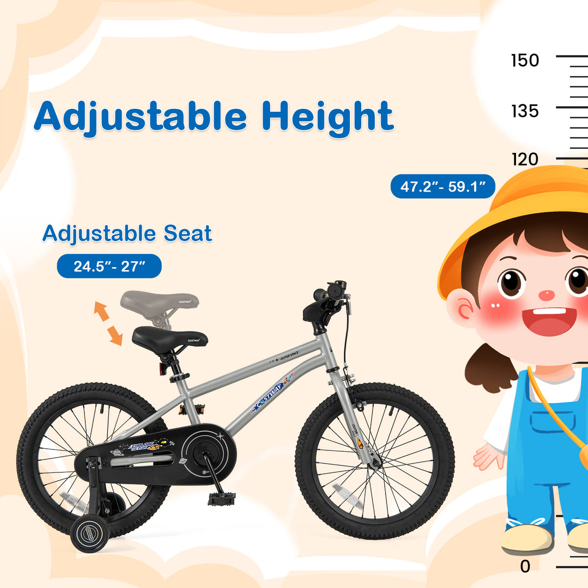 16" Kids Bike with Training Wheels, Adjustable Seat, Steel Frame-Kids Bike-DECOROLALA